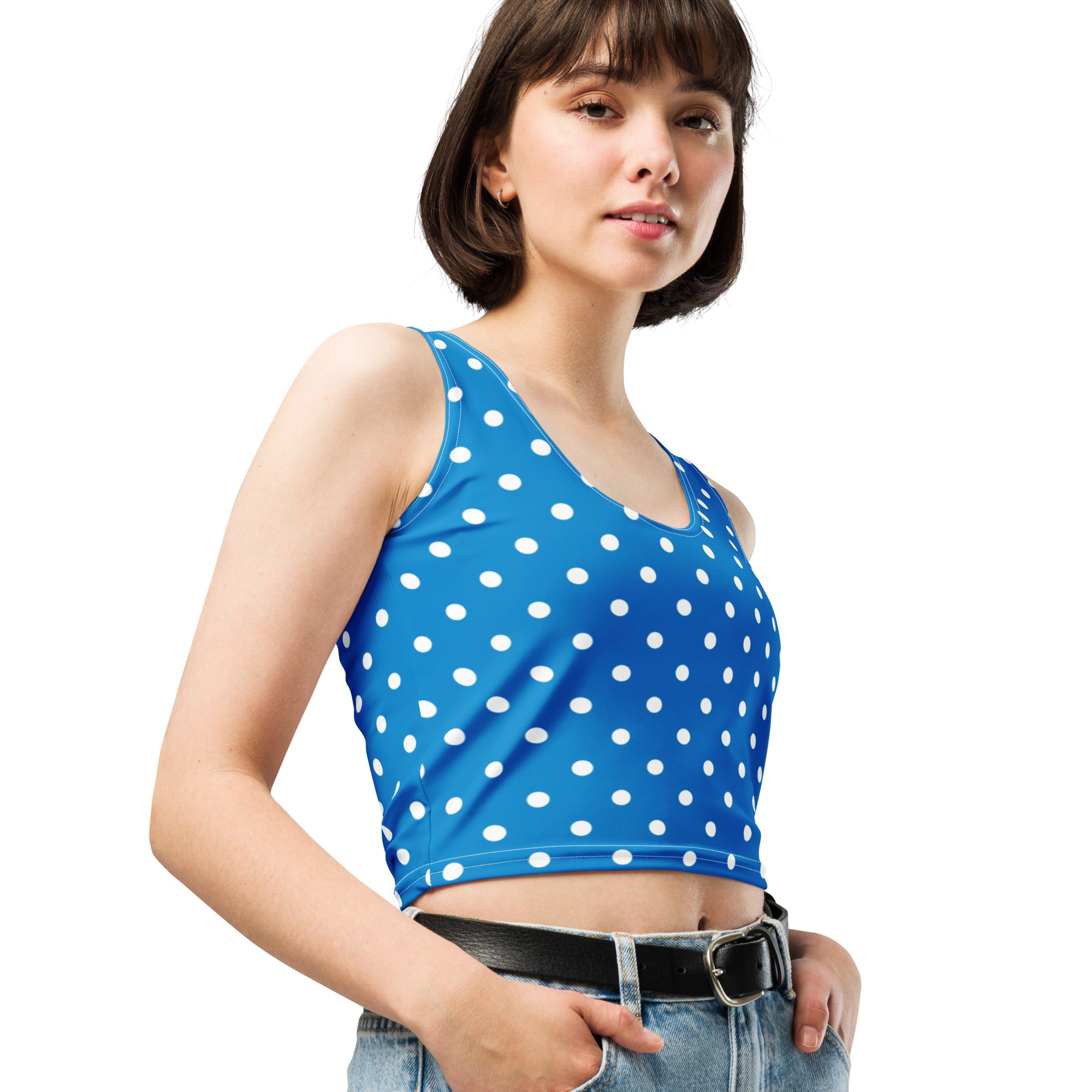 Women's Royal Blue Polka Dot Buttery Soft Crop Top- Quick-Drying UPF 50+ Stretch Top