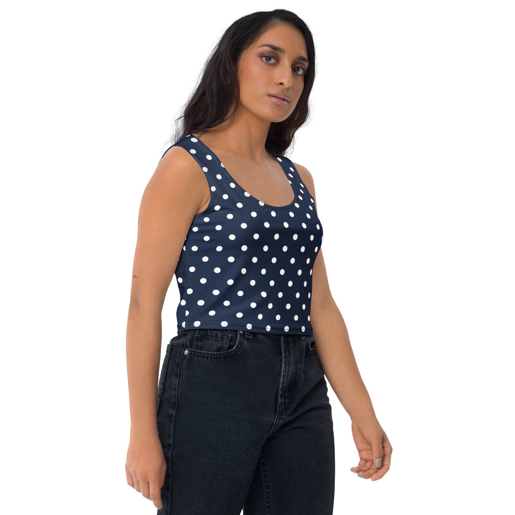 Women's Navy Blue Polka Dot Buttery Soft Crop Top- Quick-Drying UPF 50+ Stretch Top