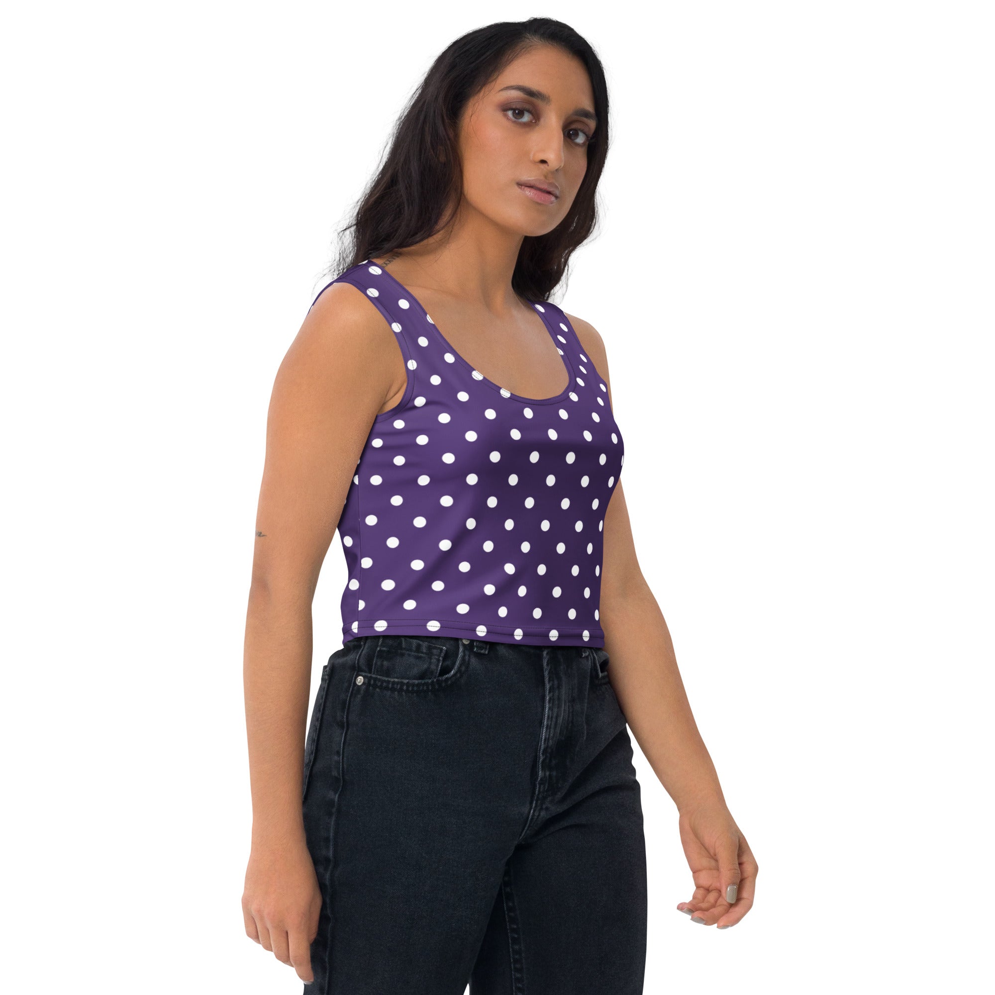 Women's Dark Purple Polka Dot Buttery Soft Crop Top- Quick-Drying UPF 50+ Stretch Top