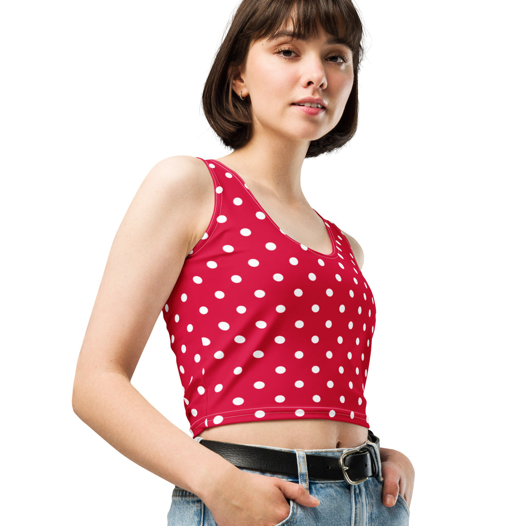 Women's Crimson Red Polka Dot Buttery Soft Crop Top- Quick-Drying UPF 50+ Stretch Top