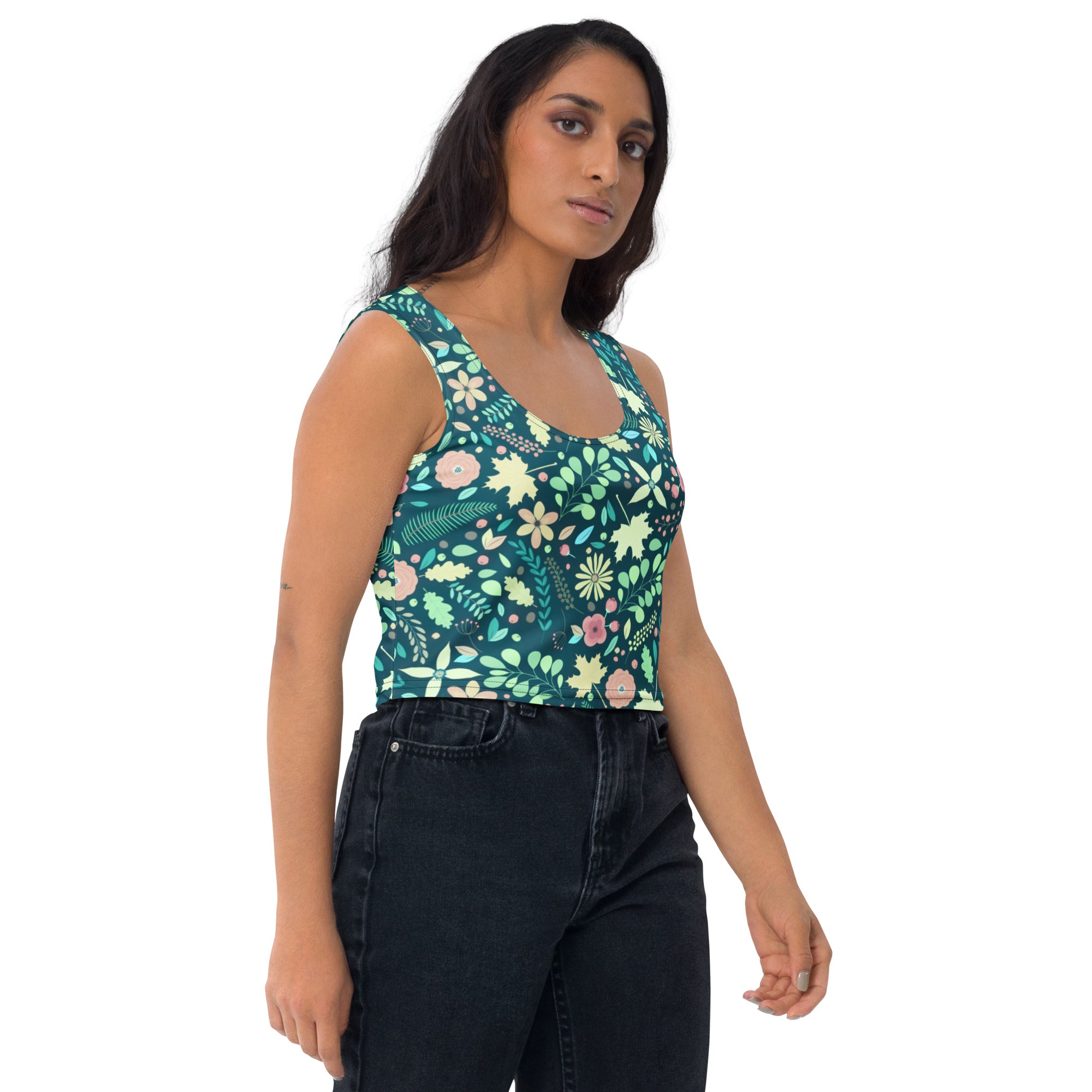 Women's Dark Green Floral Buttery Soft Crop Top- Quick-Drying UPF 50+ Stretch Top