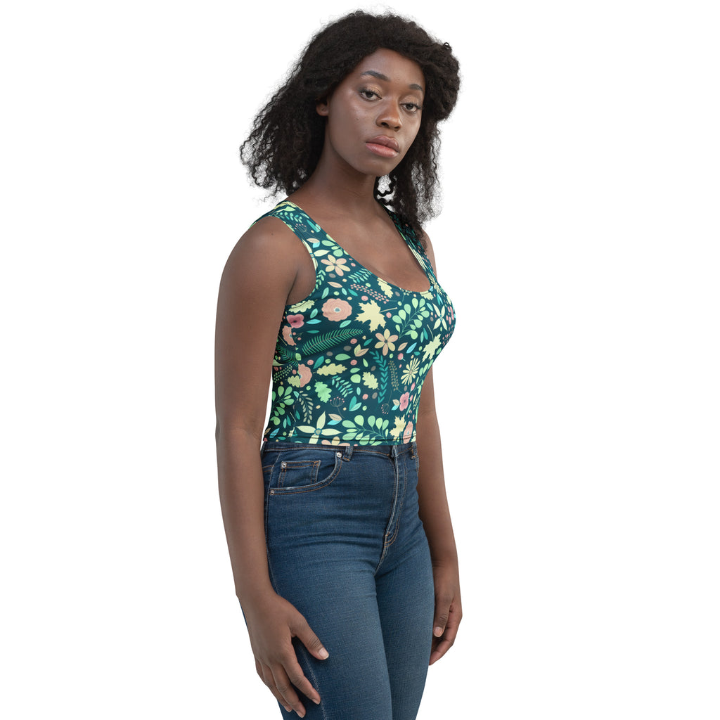Women's Dark Green Floral Buttery Soft Crop Top- Quick-Drying UPF 50+ Stretch Top