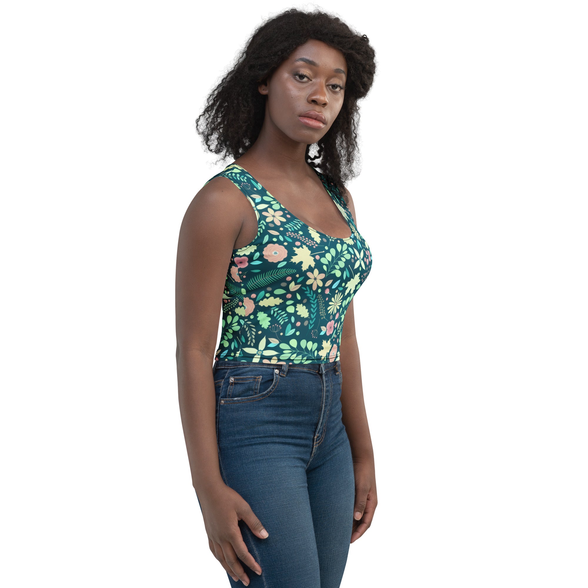 Women's Dark Green Floral Buttery Soft Crop Top- Quick-Drying UPF 50+ Stretch Top
