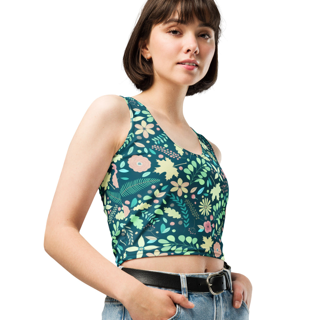 Women's Dark Green Floral Buttery Soft Crop Top- Quick-Drying UPF 50+ Stretch Top