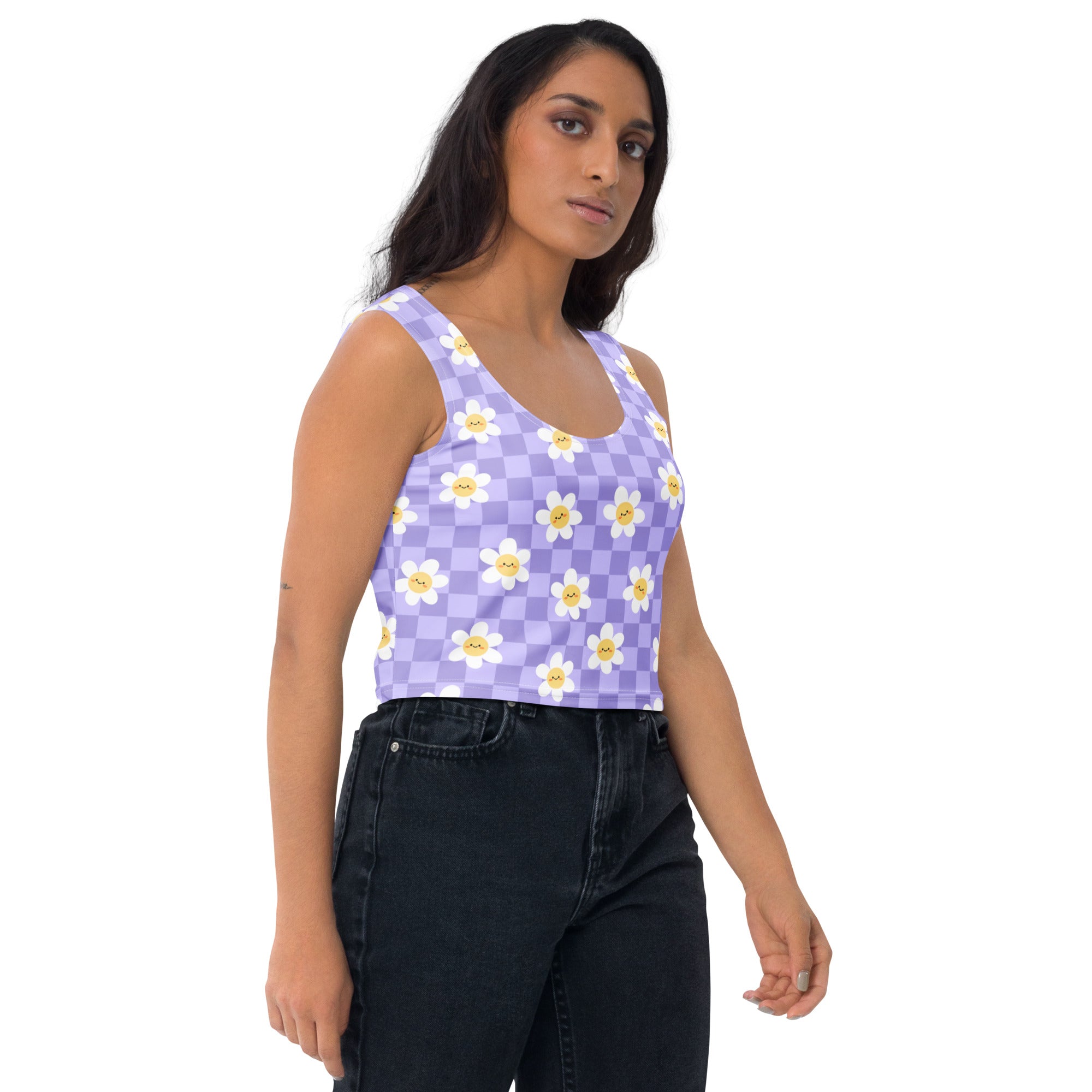 Women's Checkered Lavender Daisy Buttery Soft Crop Top- Quick-Drying UPF 50+ Stretch Top