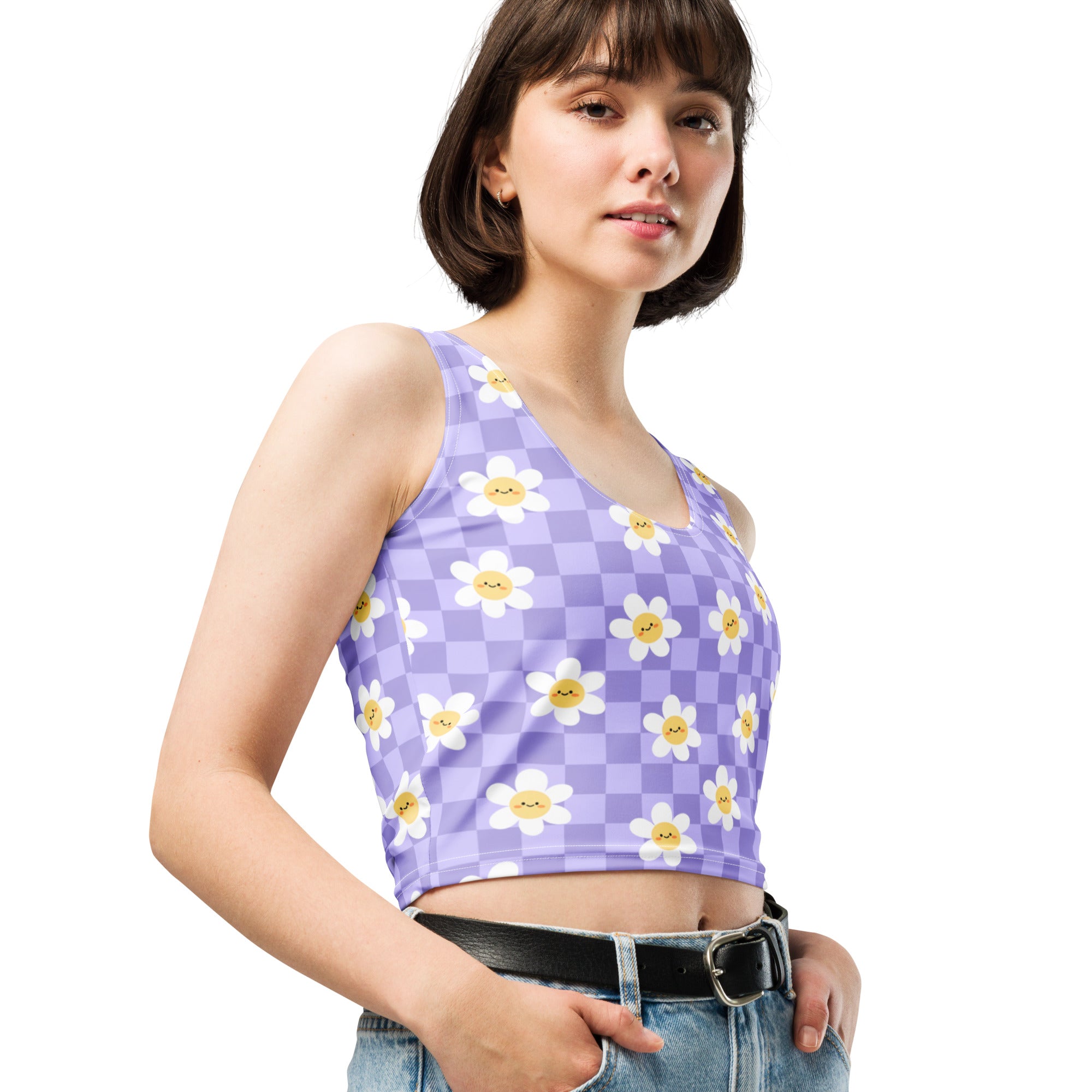 Women's Checkered Lavender Daisy Buttery Soft Crop Top- Quick-Drying UPF 50+ Stretch Top