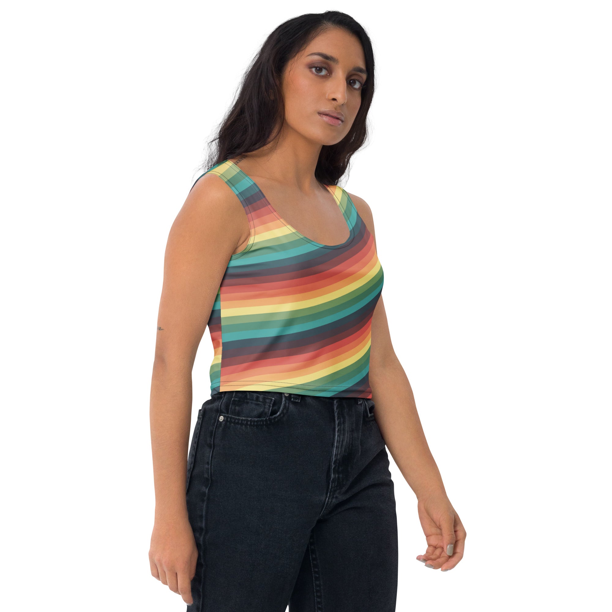 Women's Vintage Rainbow Stripe Buttery Soft Crop Top- Quick-Drying UPF 50+ Stretch Top