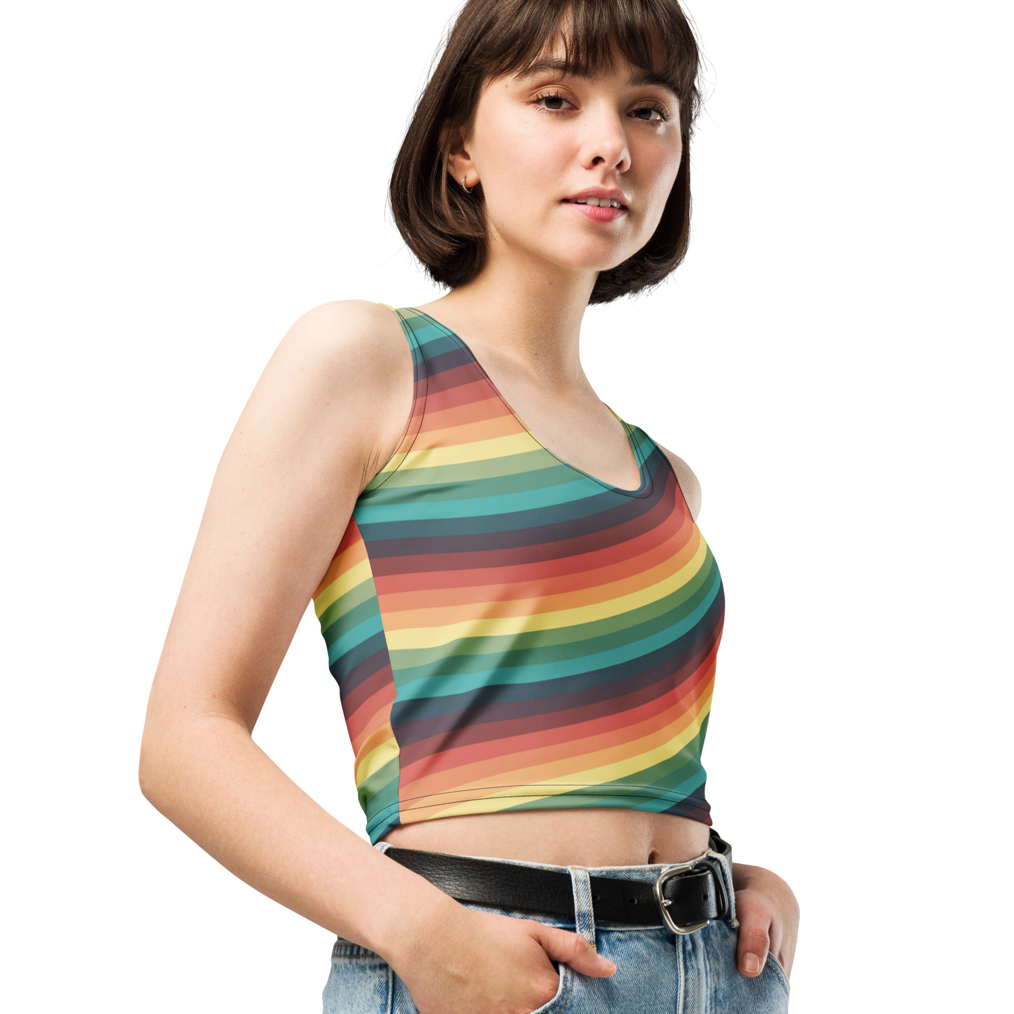 Women's Vintage Rainbow Stripe Buttery Soft Crop Top- Quick-Drying UPF 50+ Stretch Top
