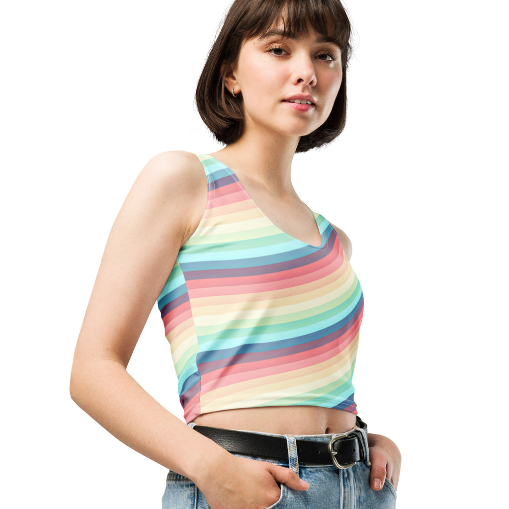Women's Pastel Beach Rainbow Stripe Buttery Soft Crop Top- Quick-Drying UPF 50+ Stretch Top