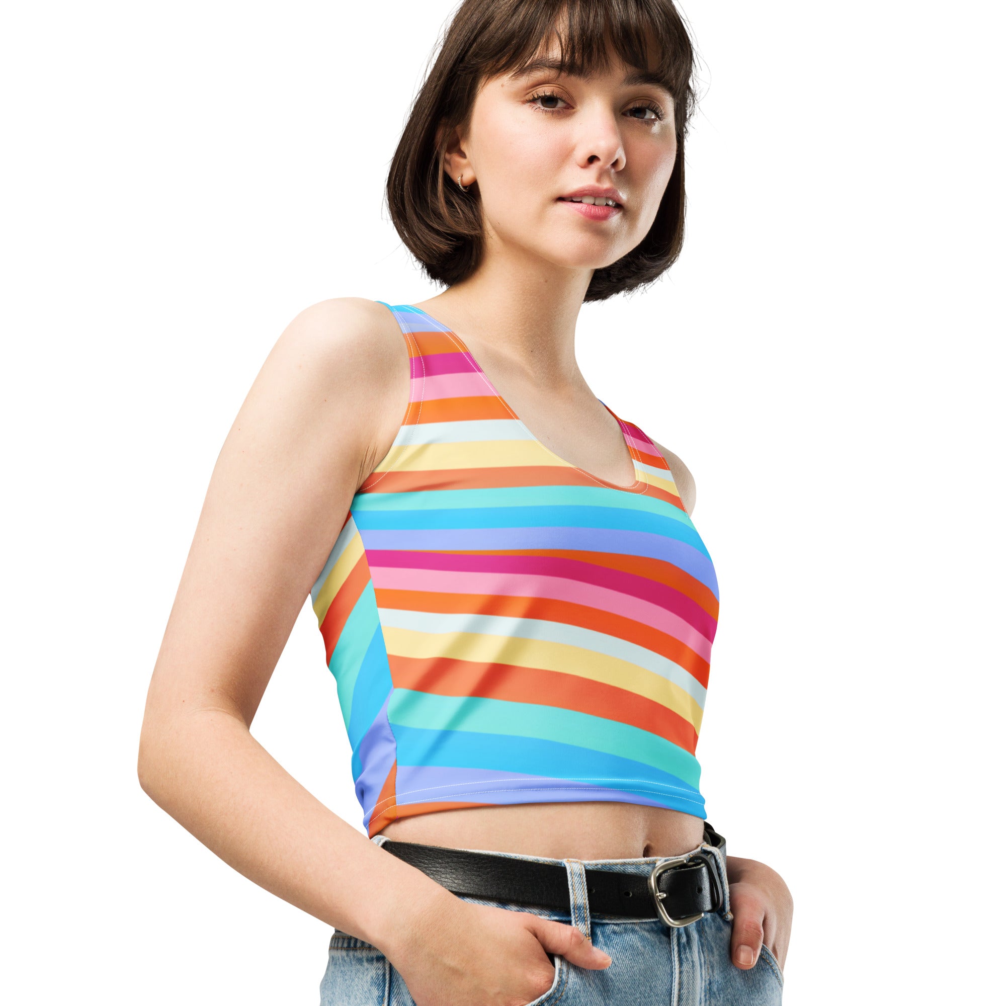 Women's Beach Rainbow Stripe Buttery Soft Crop Top- Quick-Drying UPF 50+ Stretch Top