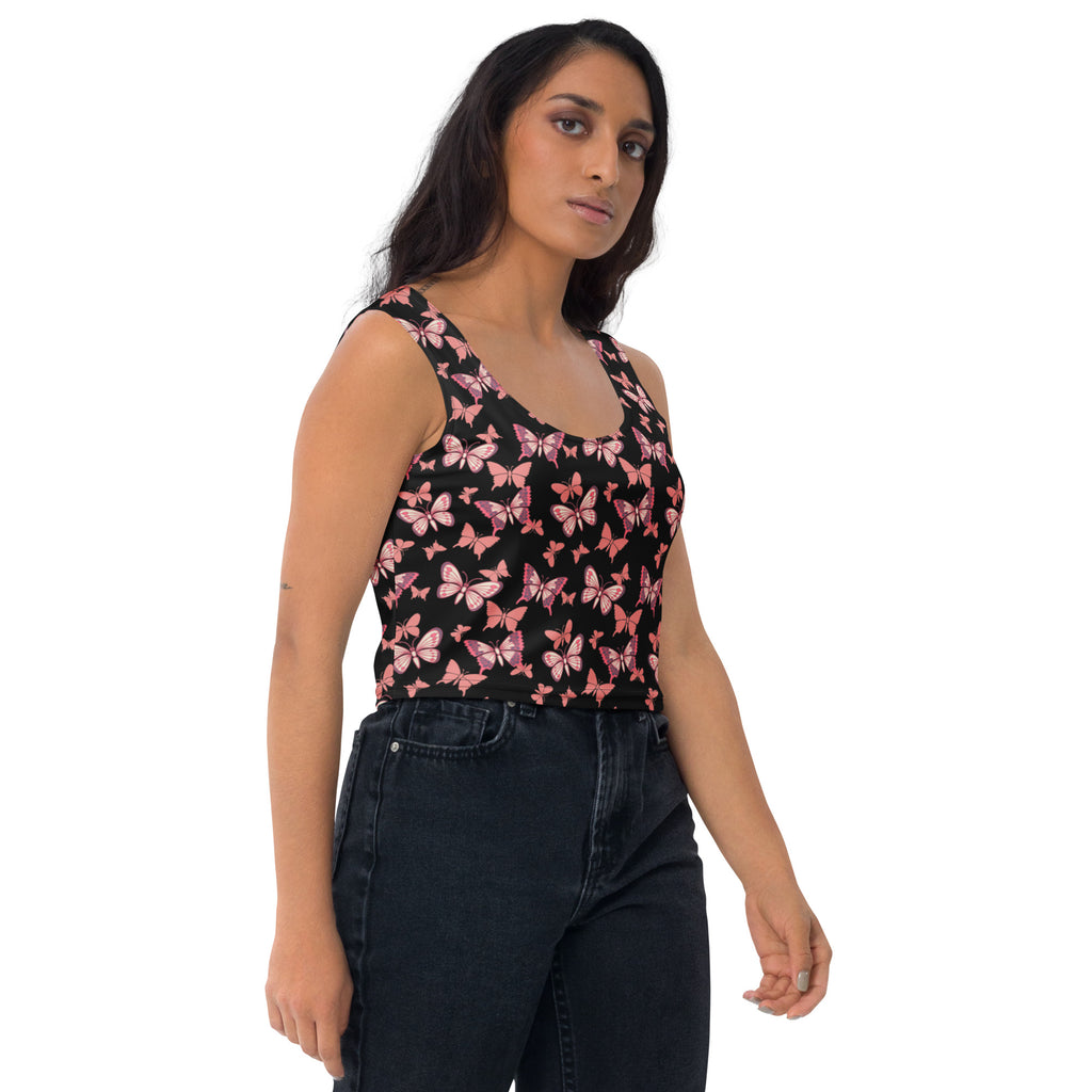 Women's Pink Butterflies Buttery Soft Crop Top- Quick-Drying UPF 50+ Stretch Top