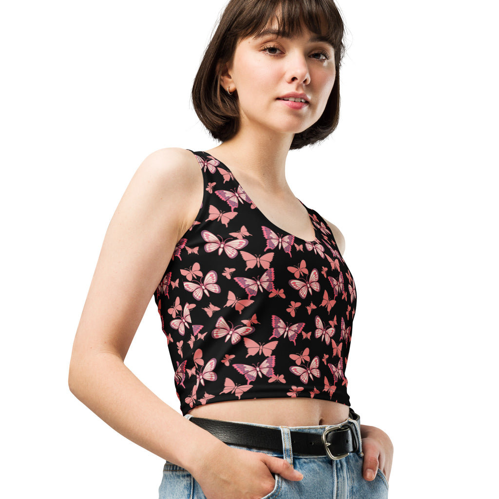 Women's Pink Butterflies Buttery Soft Crop Top- Quick-Drying UPF 50+ Stretch Top