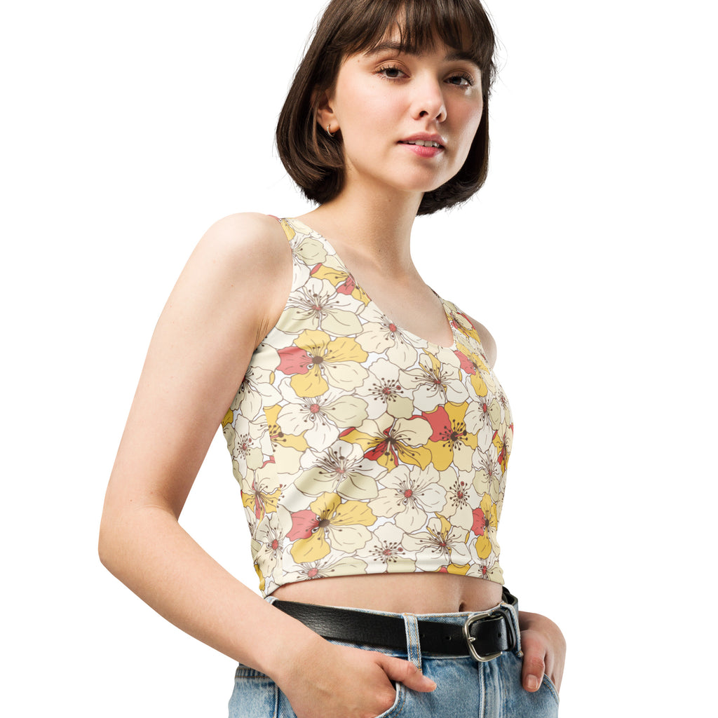 Women's Cream Floral Buttery Soft Crop Top- Quick-Drying UPF 50+ Stretch Top