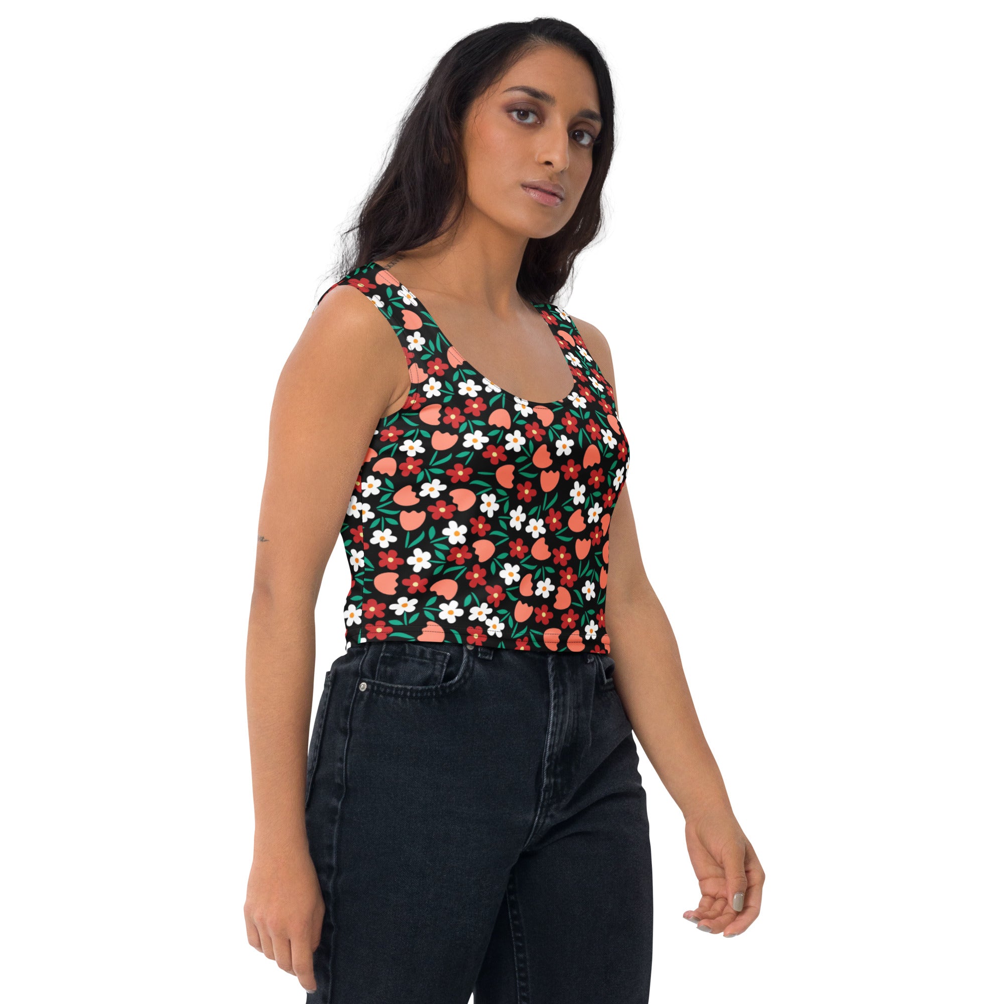 Women's Black Floral Flowers Buttery Soft Crop Top- Quick-Drying UPF 50+ Stretch Top