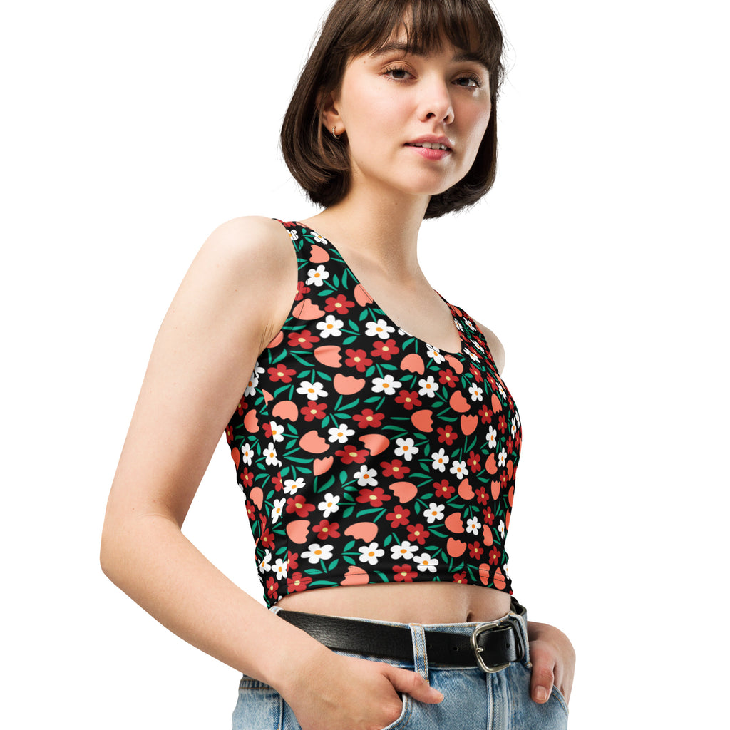 Women's Black Floral Flowers Buttery Soft Crop Top- Quick-Drying UPF 50+ Stretch Top