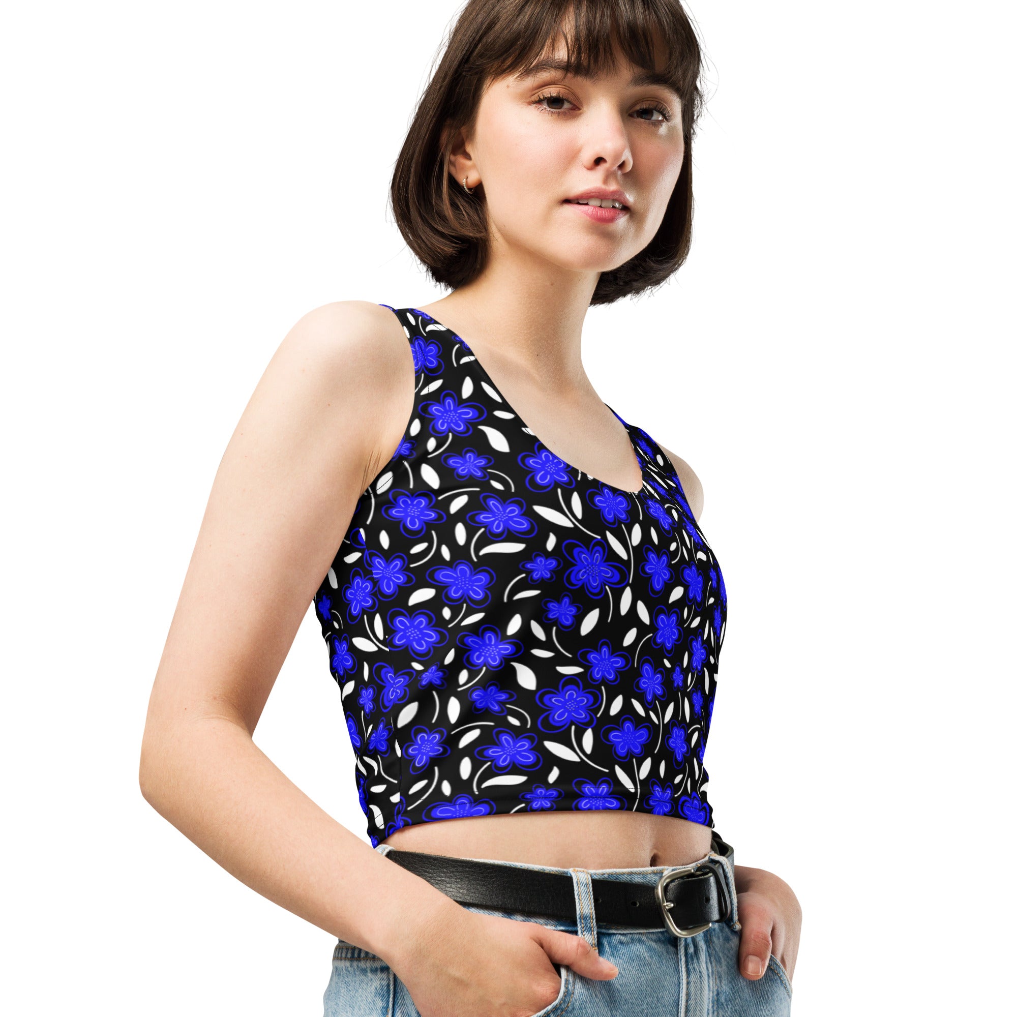 Women's Blue Floral Buttery Soft Crop Top- Quick-Drying UPF 50+ Stretch Top