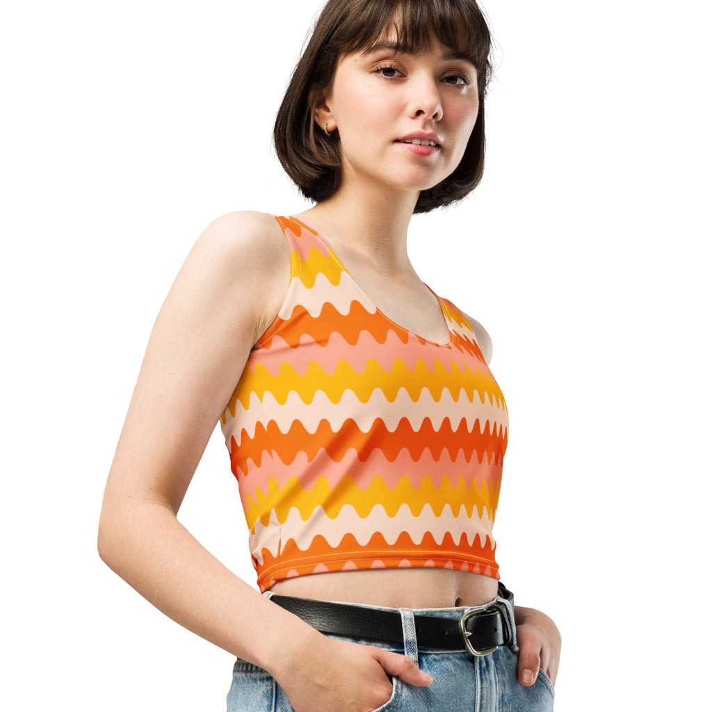 Women's Orange Wavy Stripe Buttery Soft Crop Top- Quick-Drying UPF 50+ Stretch Top