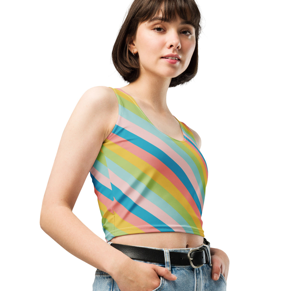 Women's Diagonal Pastel Rainbow Stripe Buttery Soft Crop Top- Quick-Drying UPF 50+ Stretch Top