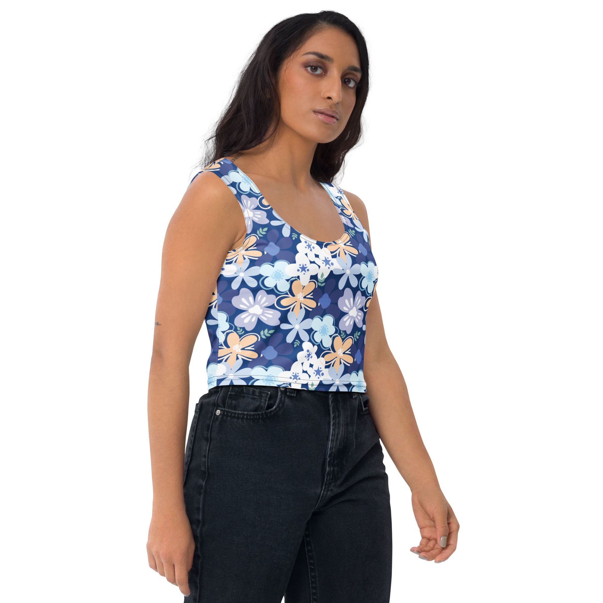 Women's Blue Floral Buttery Soft Crop Top- Quick-Drying UPF 50+ Stretch Top
