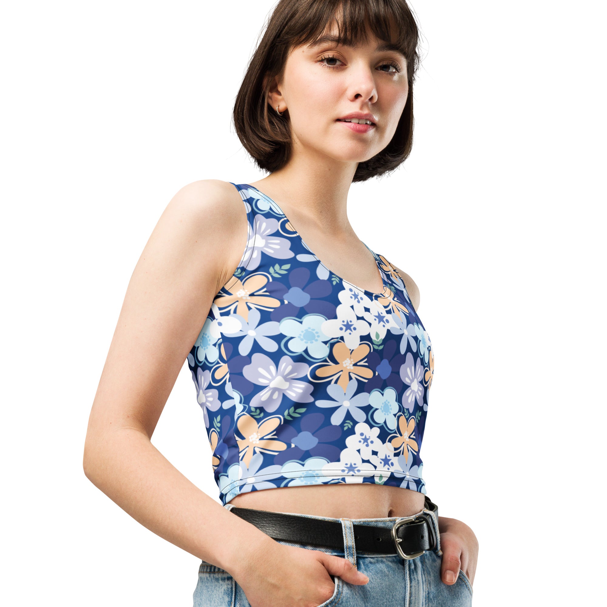 Women's Blue Floral Buttery Soft Crop Top- Quick-Drying UPF 50+ Stretch Top