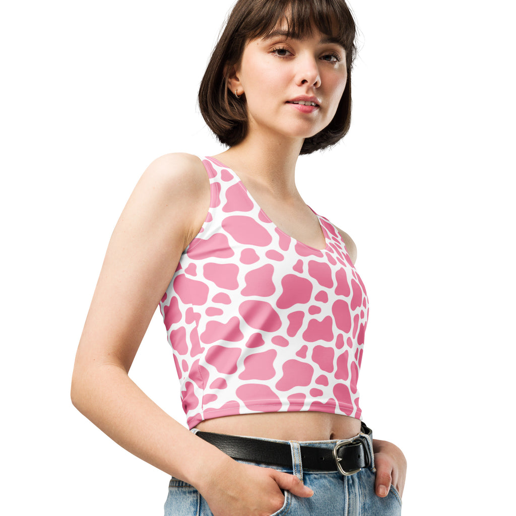 Women's Pink Cow Print Buttery Soft Crop Top- Quick-Drying UPF 50+ Stretch Top