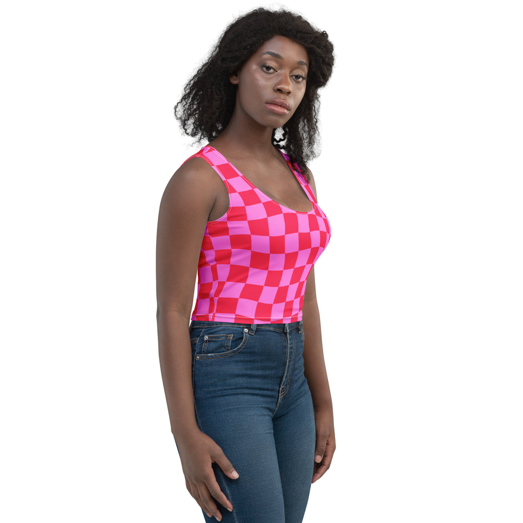 Women's Pink Wavy Checkerboard Buttery Soft Crop Top- Quick-Drying UPF 50+ Stretch Top