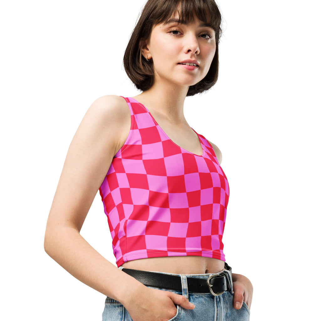 Women's Pink Wavy Checkerboard Buttery Soft Crop Top- Quick-Drying UPF 50+ Stretch Top