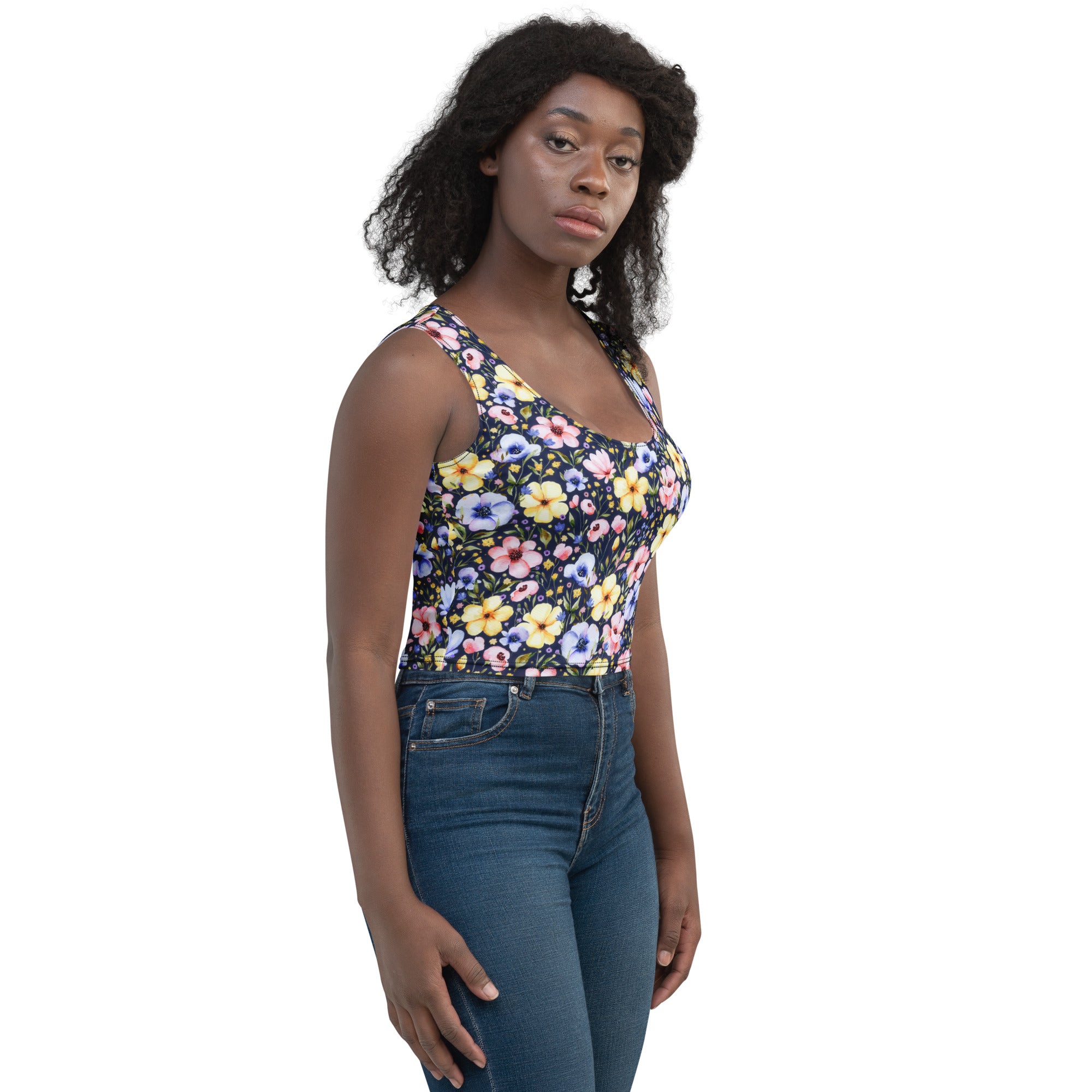 Women's Dark Wildflower Buttery Soft Crop Top- Quick-Drying UPF 50+ Stretch Top