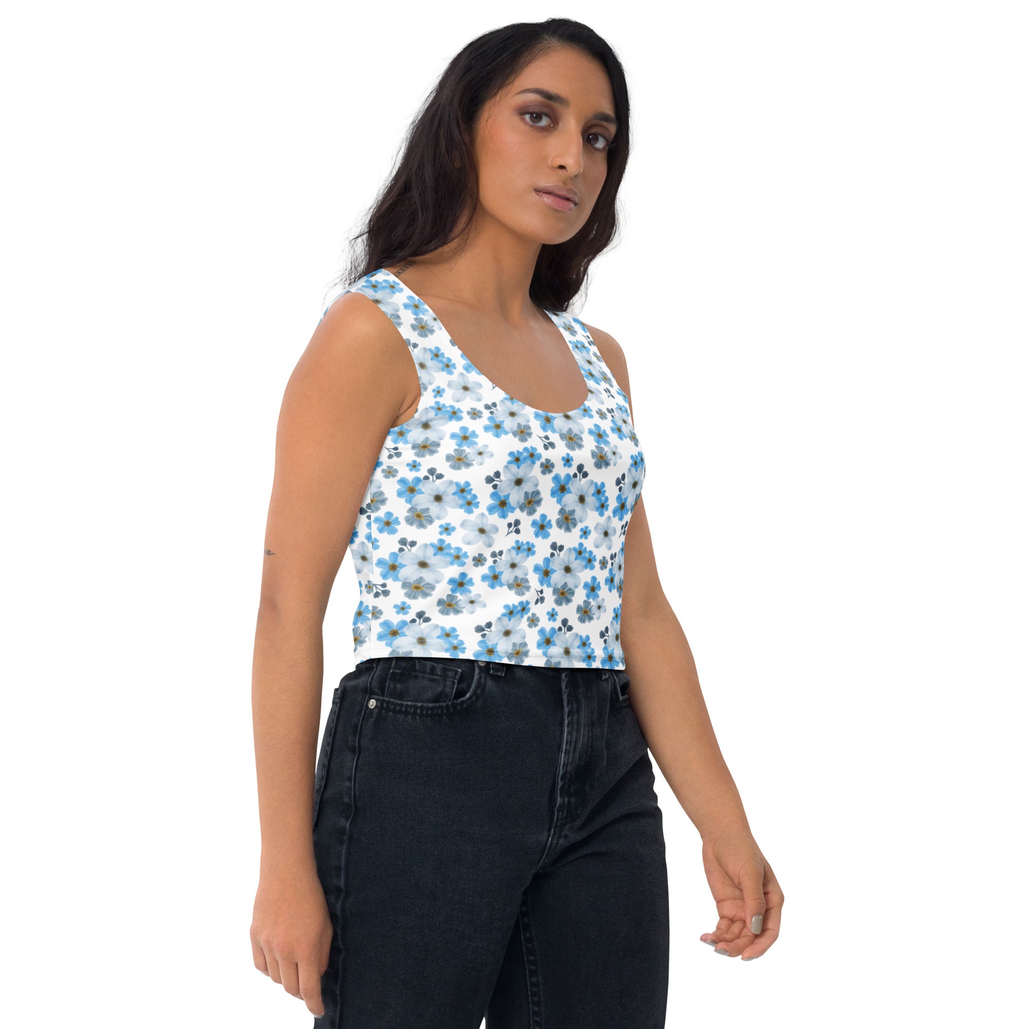 Women's Blue Daisy Buttery Soft Crop Top- Quick-Drying UPF 50+ Stretch Top
