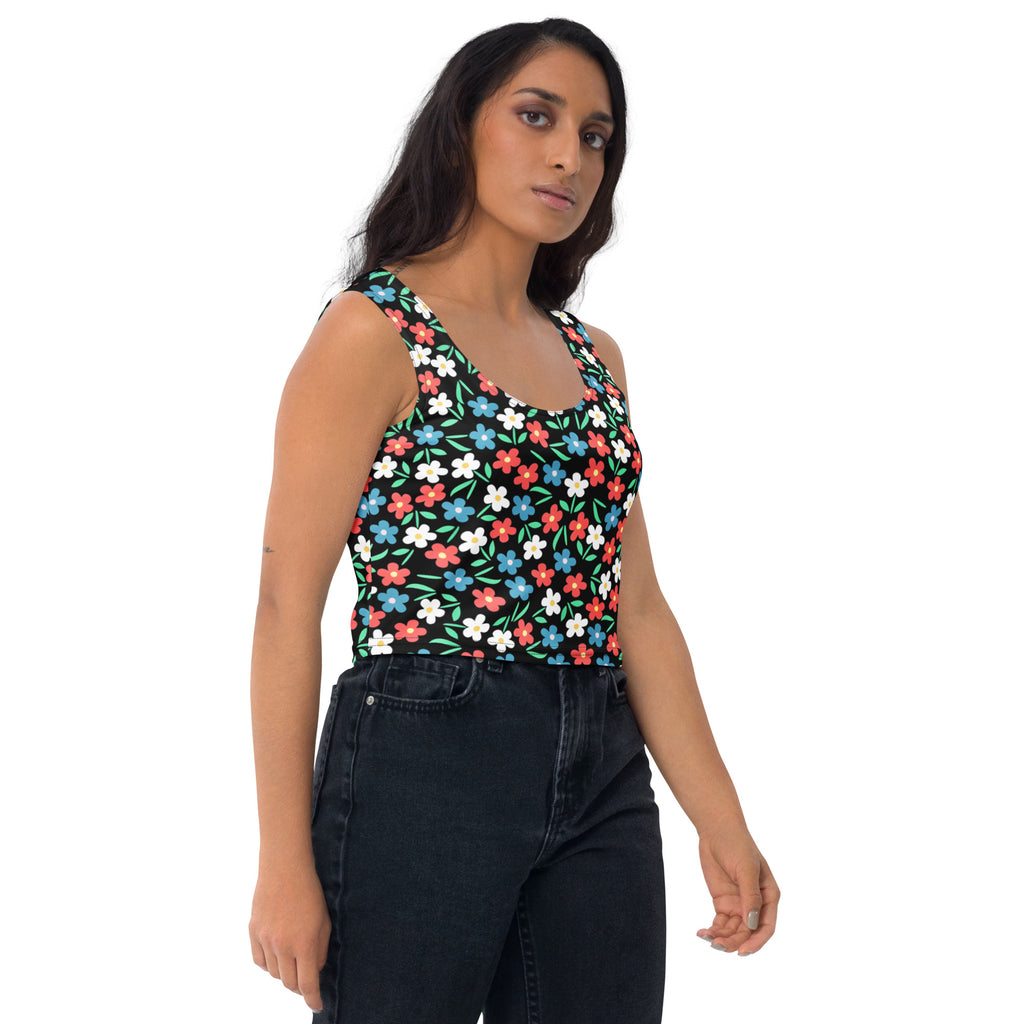 Women's Black Colorful Floral Buttery Soft Crop Top- Quick-Drying UPF 50+ Stretch Top