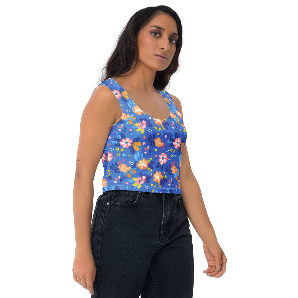 Women's Bright Blue Floral Buttery Soft Crop Top- Quick-Drying UPF 50+ Stretch Top