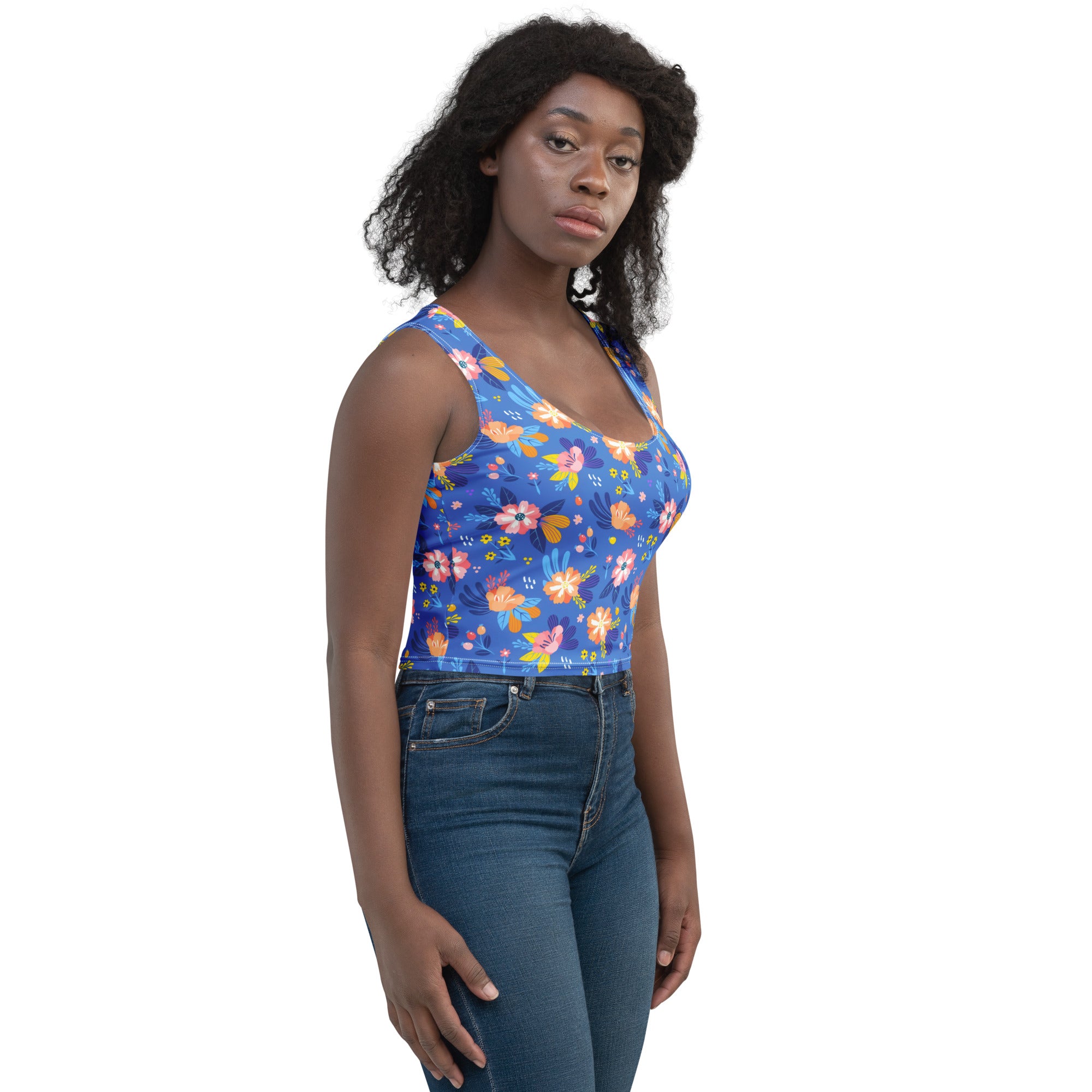 Women's Bright Blue Floral Buttery Soft Crop Top- Quick-Drying UPF 50+ Stretch Top
