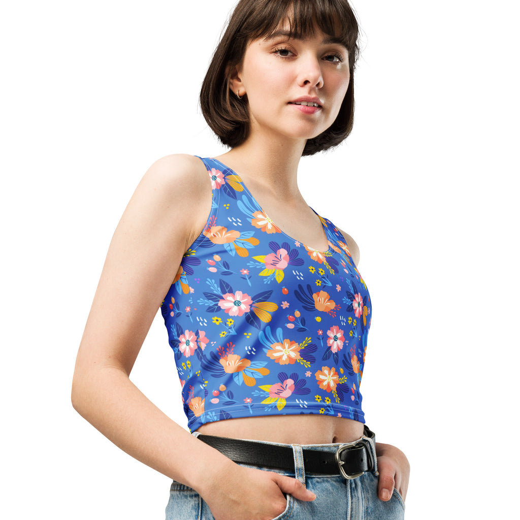 Women's Bright Blue Floral Buttery Soft Crop Top- Quick-Drying UPF 50+ Stretch Top