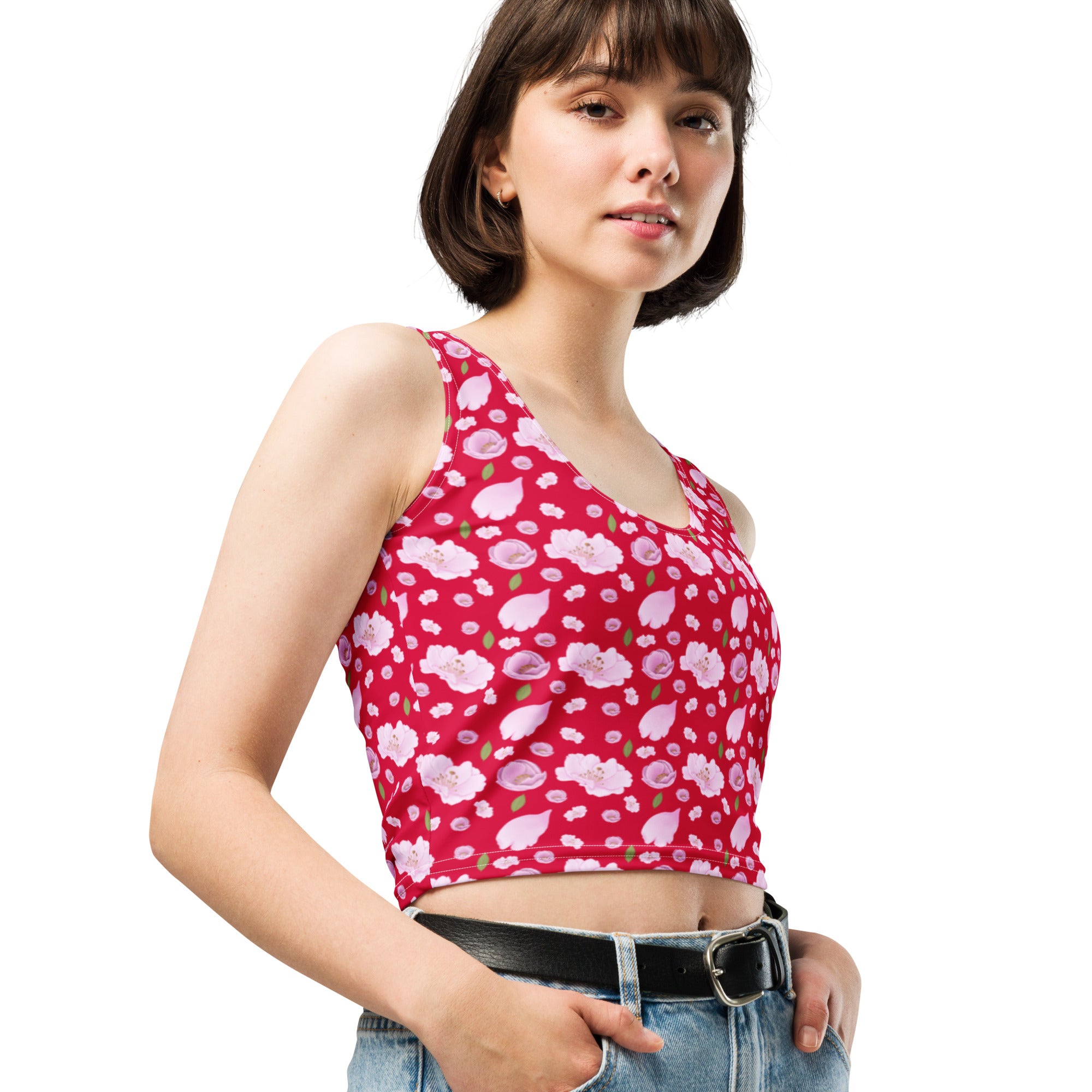 Women's Vibrant Red Floral Buttery Soft Crop Top- Quick-Drying UPF 50+ Stretch Top