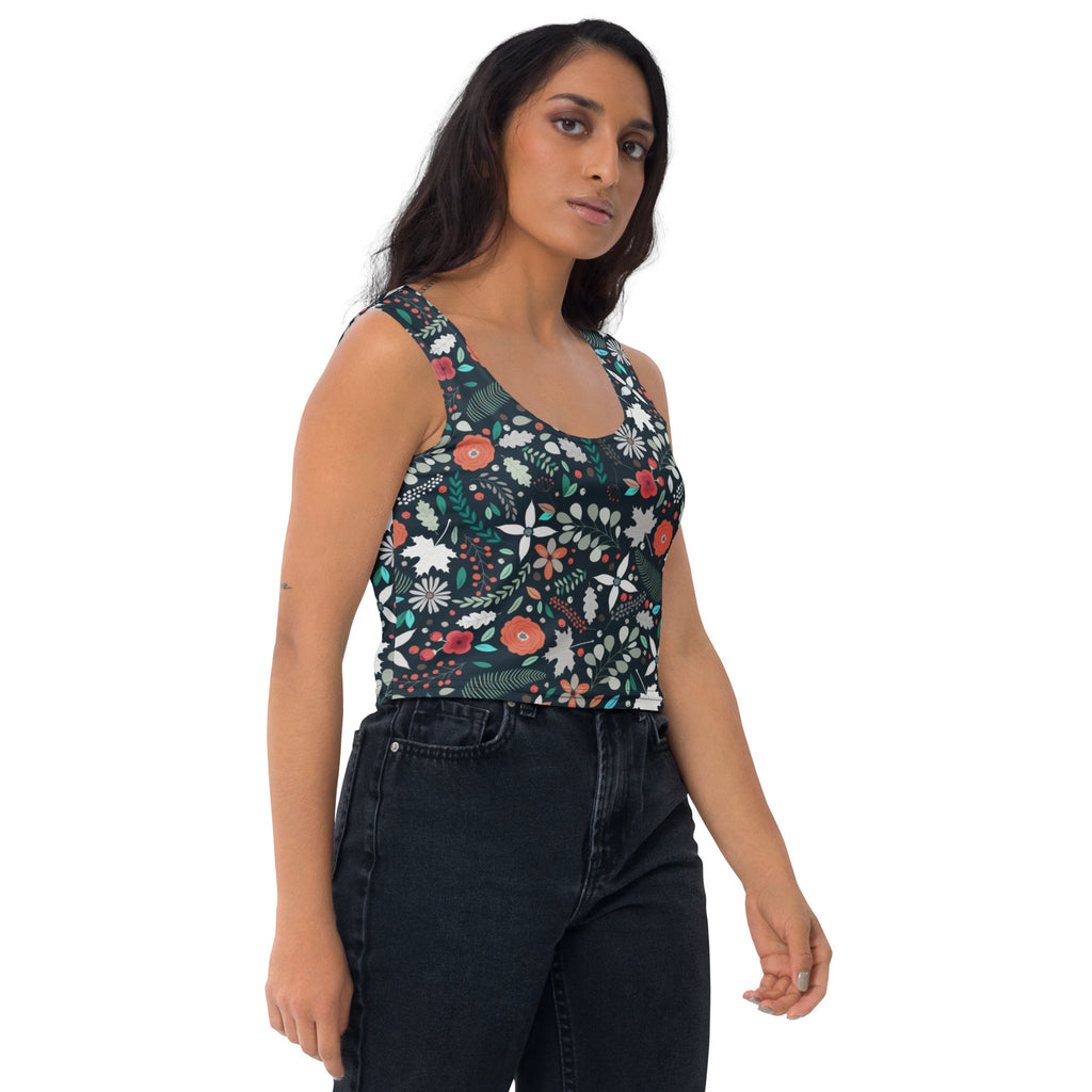 Women's Dark Botanical Floral Buttery Soft Crop Top- Quick-Drying UPF 50+ Stretch Top