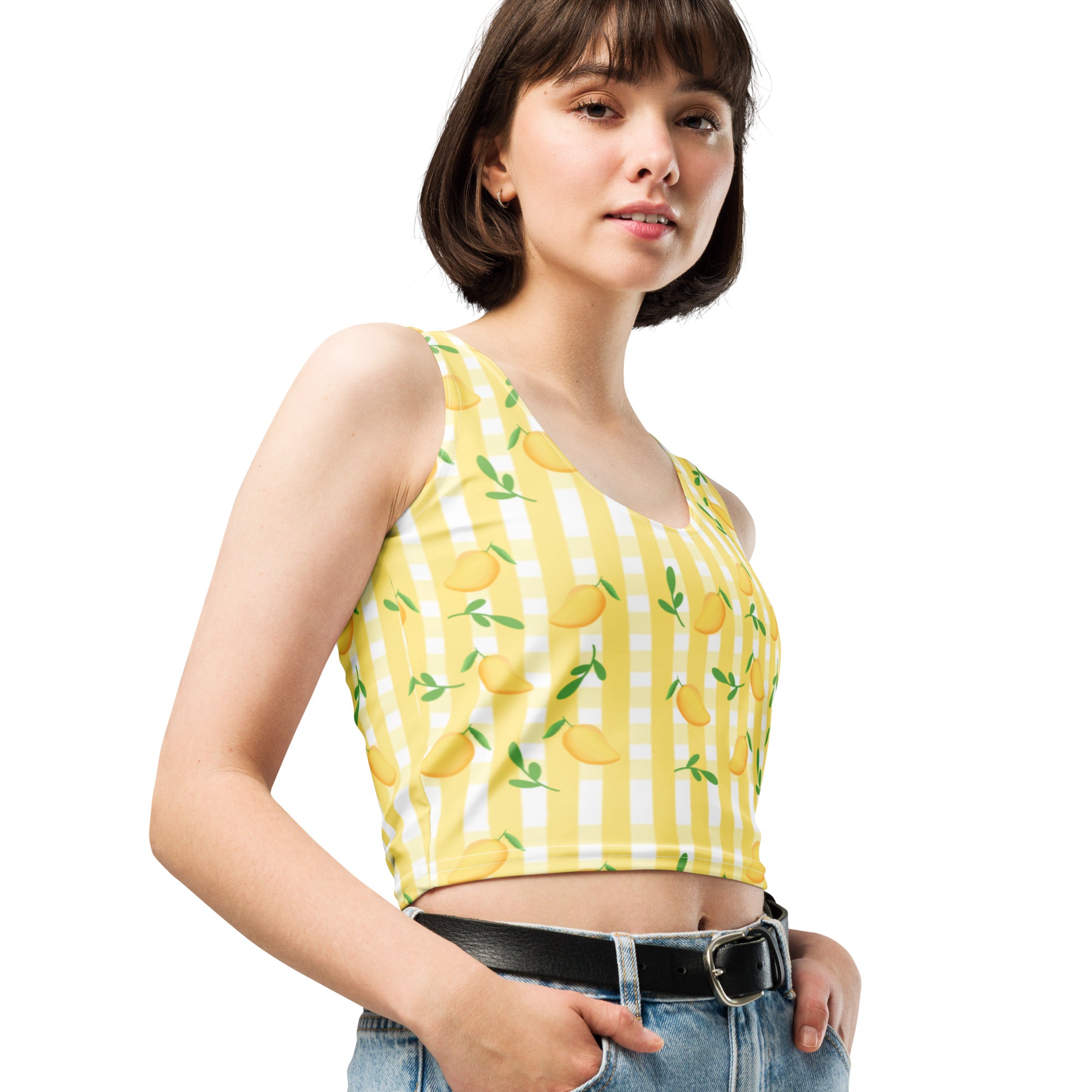 Women's Lemon Gingham Buttery Soft Crop Top- Quick-Drying UPF 50+ Stretch Top