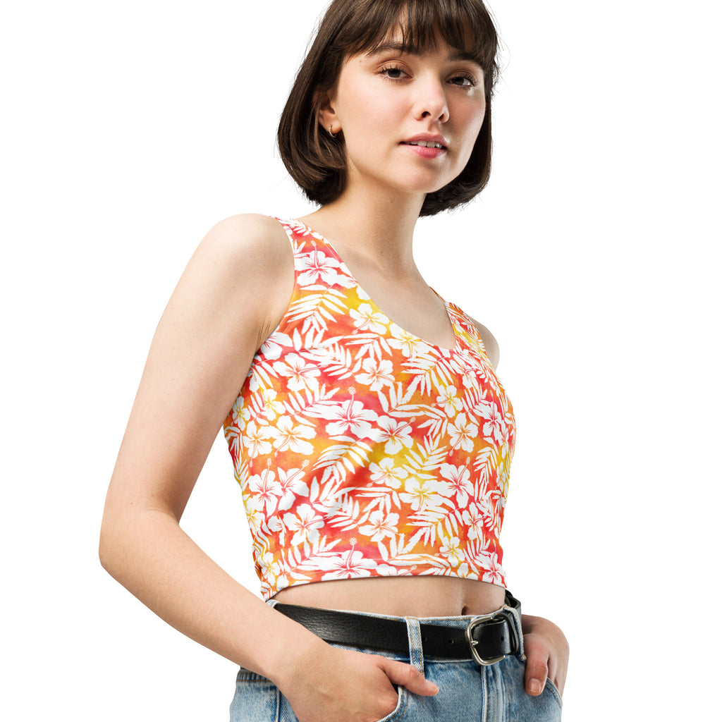 Women's Orange Tropical Floral Buttery Soft Crop Top- Quick-Drying UPF 50+ Stretch Top