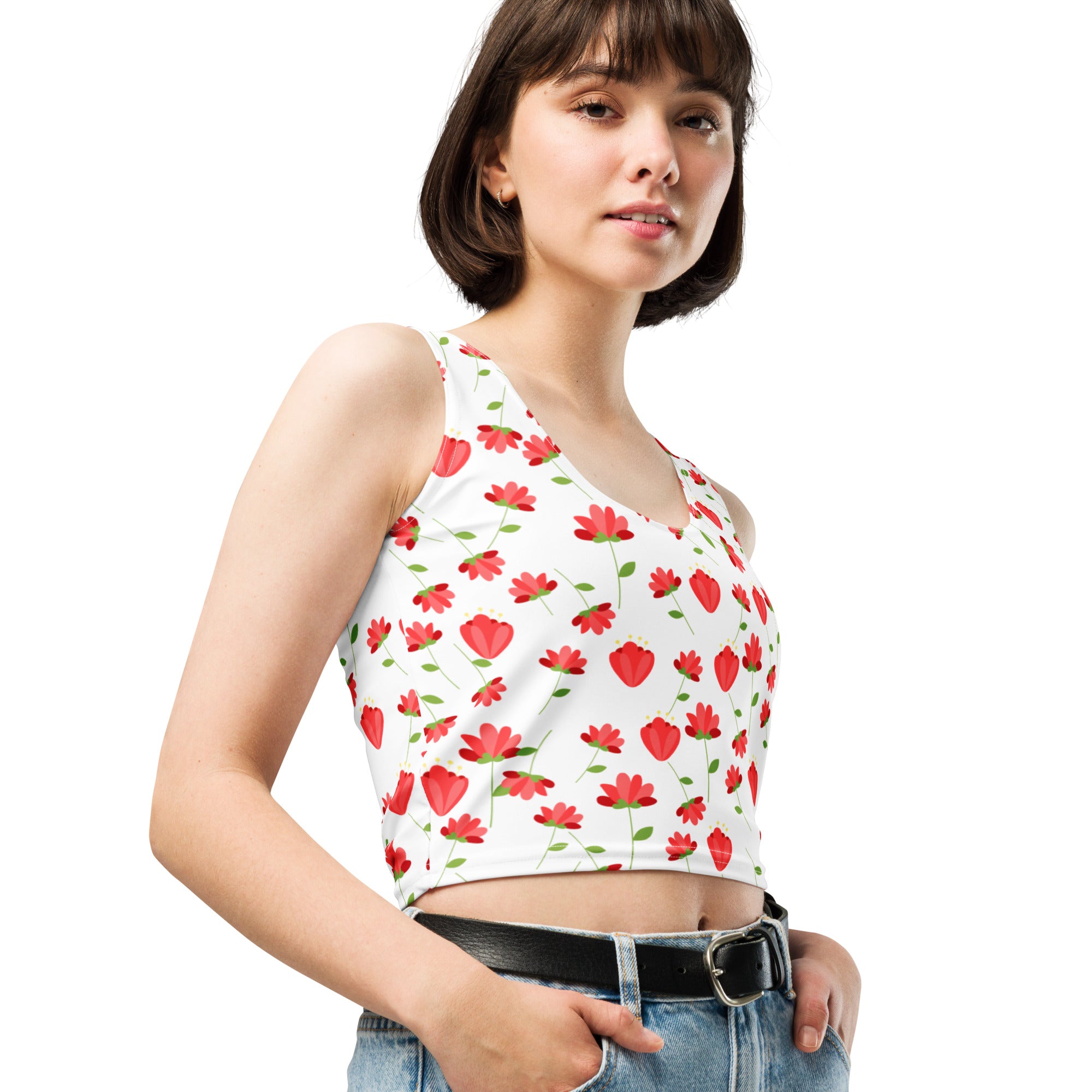 Women's Red Floral Daisy Buttery Soft Crop Top- Quick-Drying UPF 50+ Stretch Top