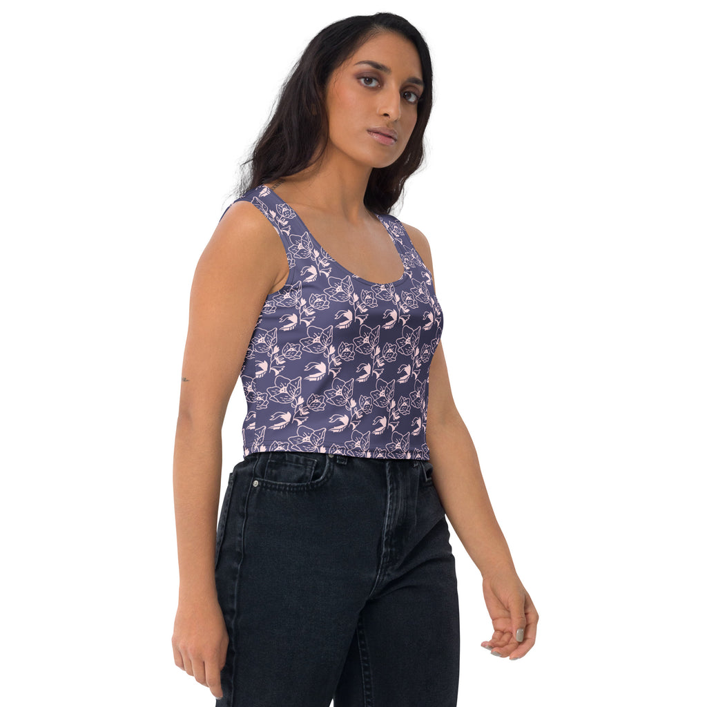 Women's Navy Purple Floral Buttery Soft Crop Top- Quick-Drying UPF 50+ Stretch Top