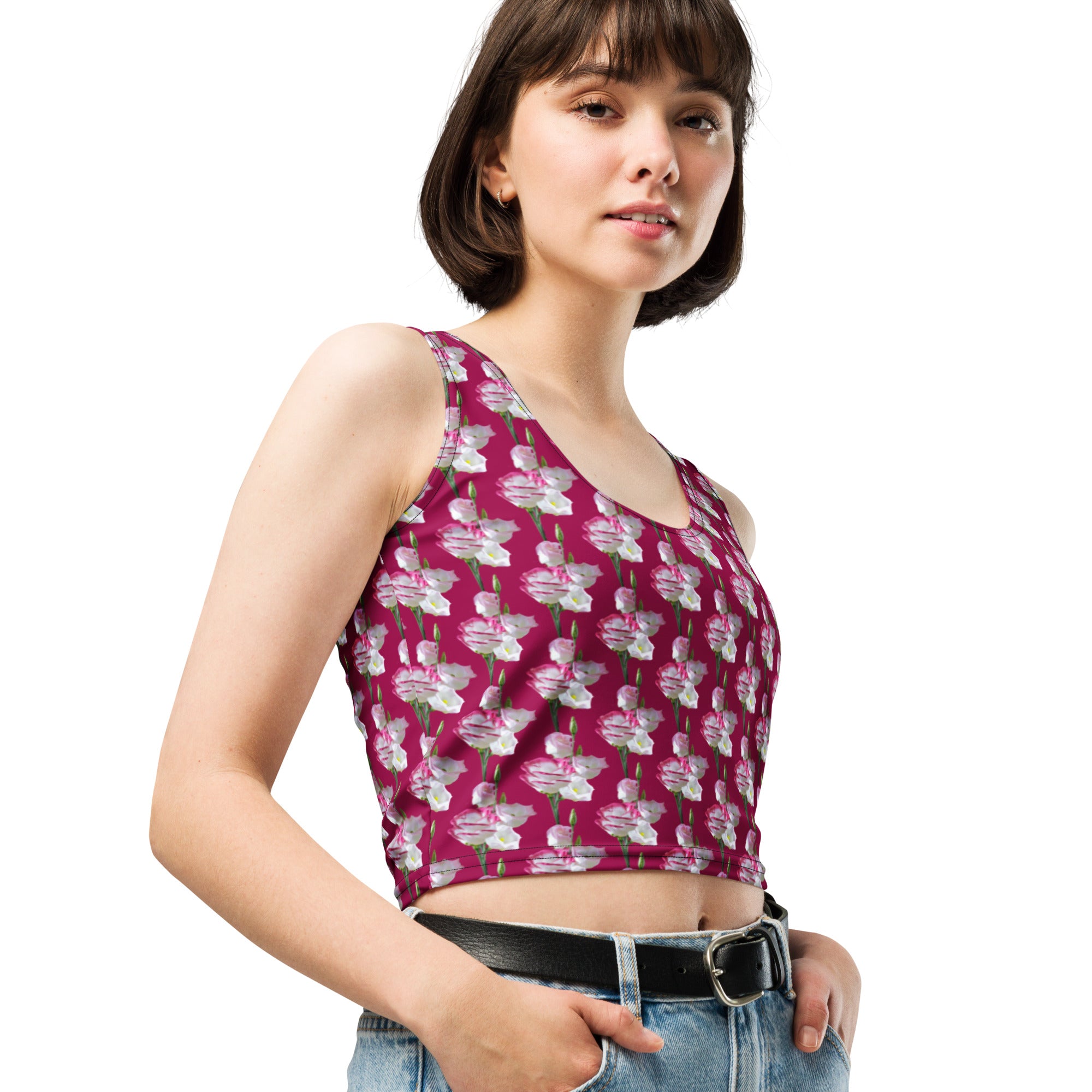 Women's Magenta Floral Buttery Soft Crop Top- Quick-Drying UPF 50+ Stretch Top