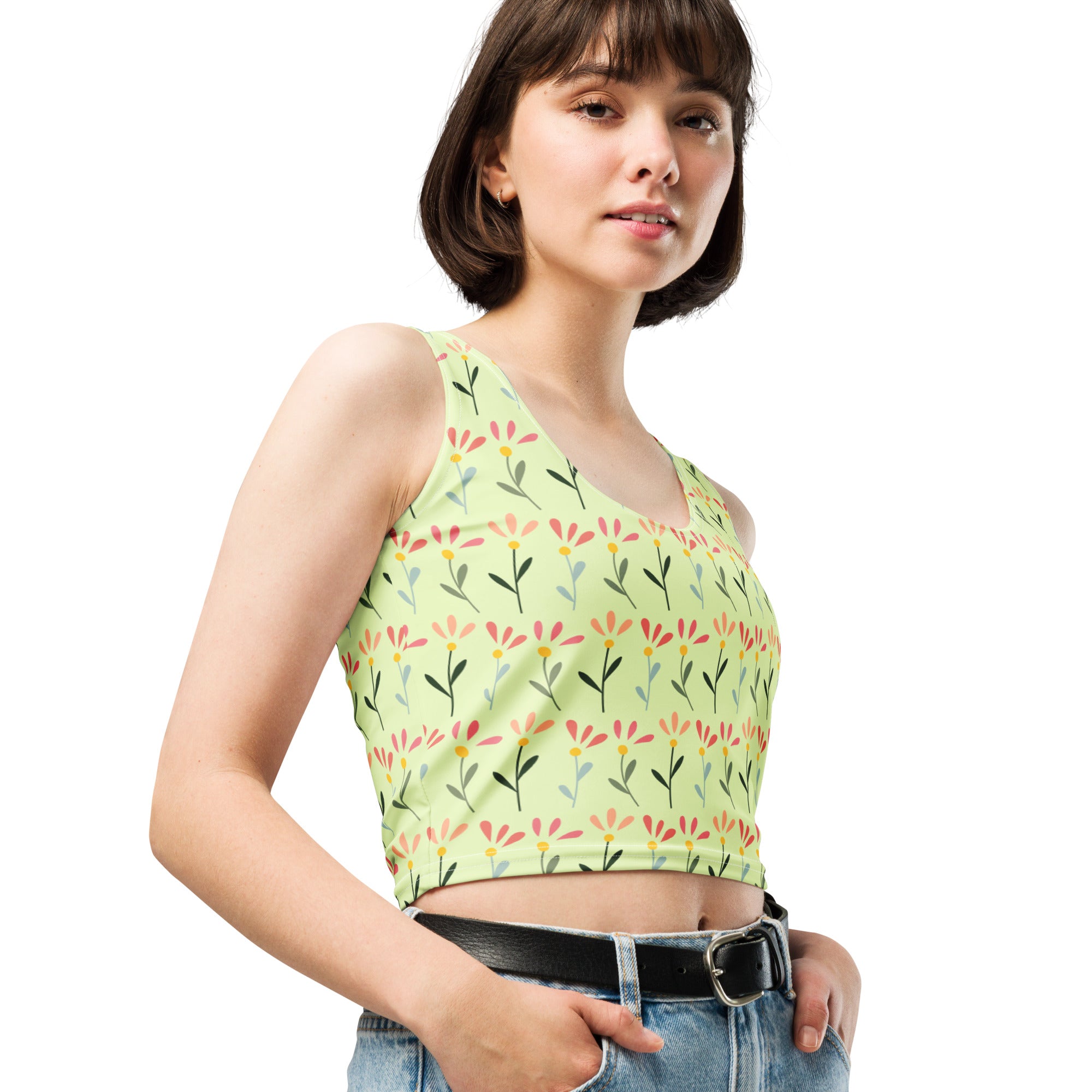 Women's Light Green Daisy Buttery Soft Crop Top- Quick-Drying UPF 50+ Stretch Top