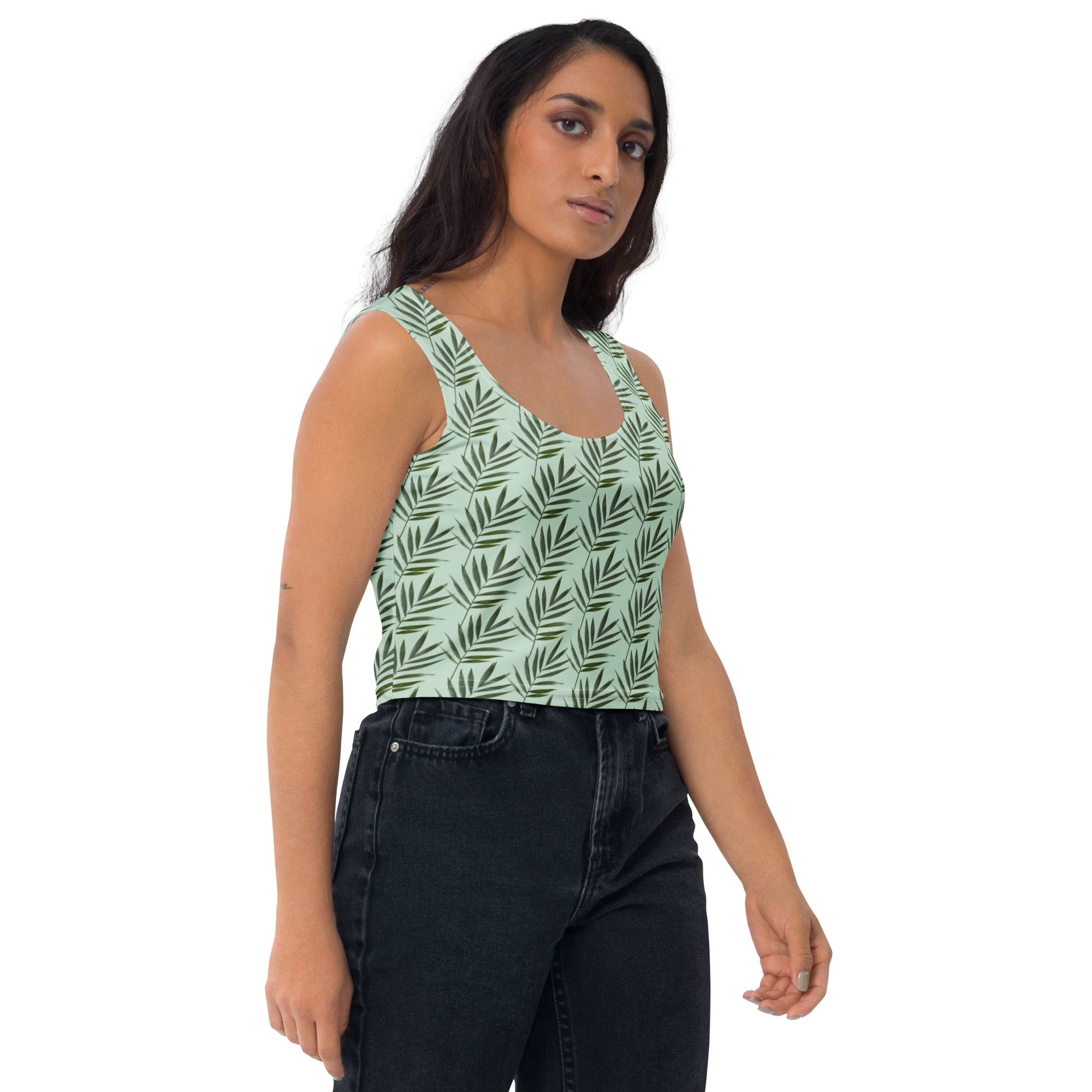 Women's Sage Palm Leaf Buttery Soft Crop Top- Quick-Drying UPF 50+ Stretch Top