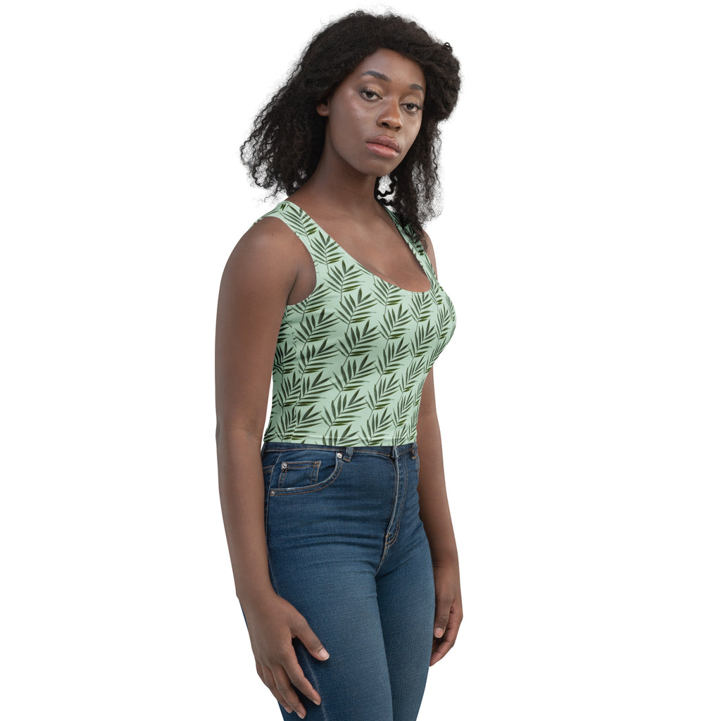 Women's Sage Palm Leaf Buttery Soft Crop Top- Quick-Drying UPF 50+ Stretch Top