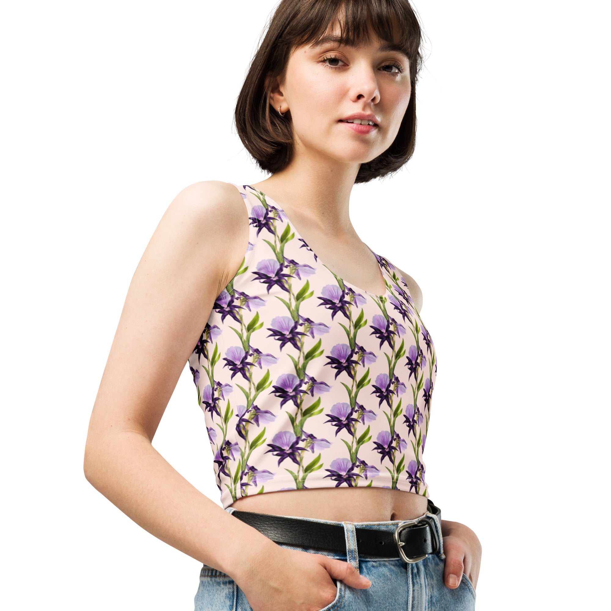 Women's Purple Floral Vine Buttery Soft Crop Top- Quick-Drying UPF 50+ Stretch Top