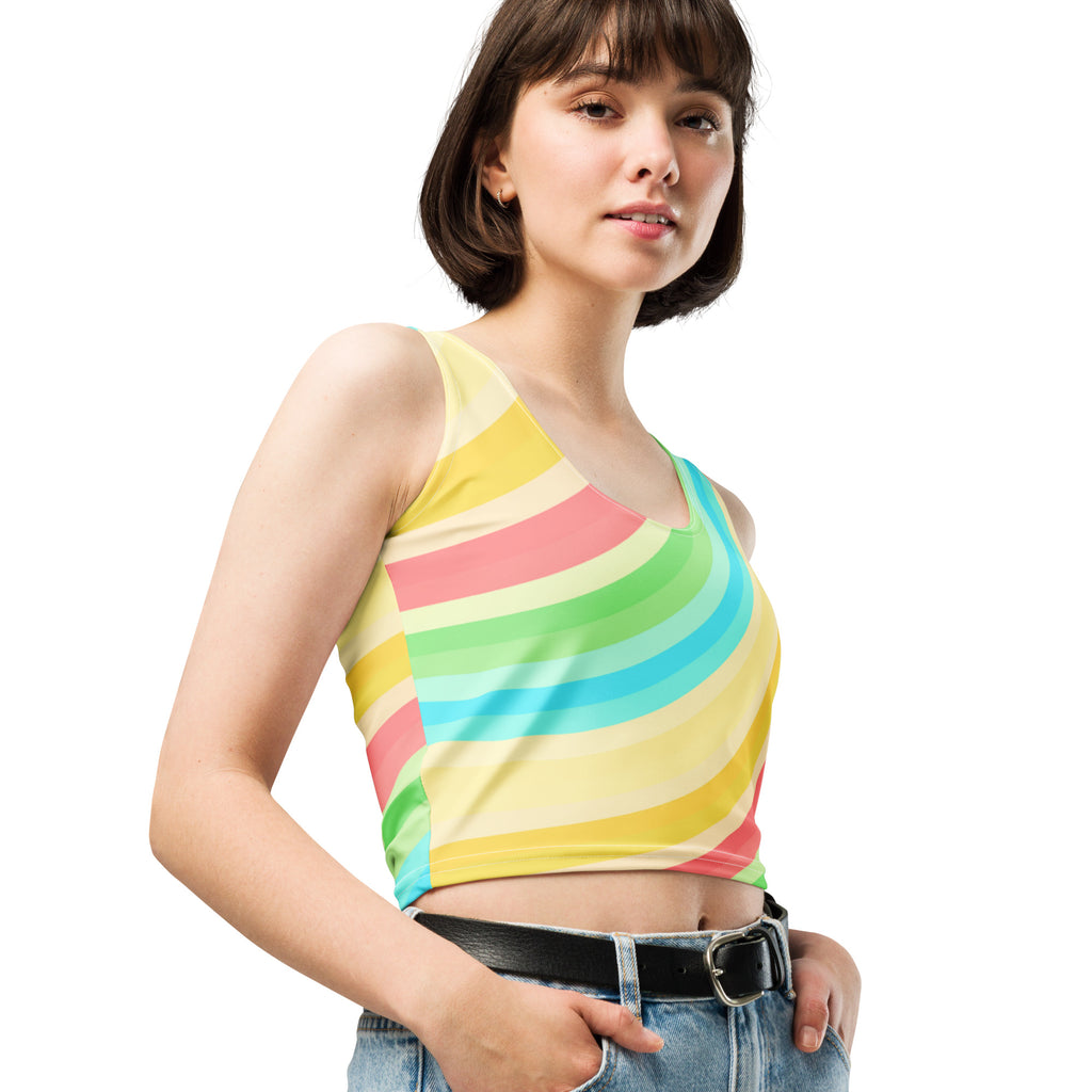 Women's Curved Rainbow Stripe Buttery Soft Crop Top- Quick-Drying UPF 50+ Stretch To