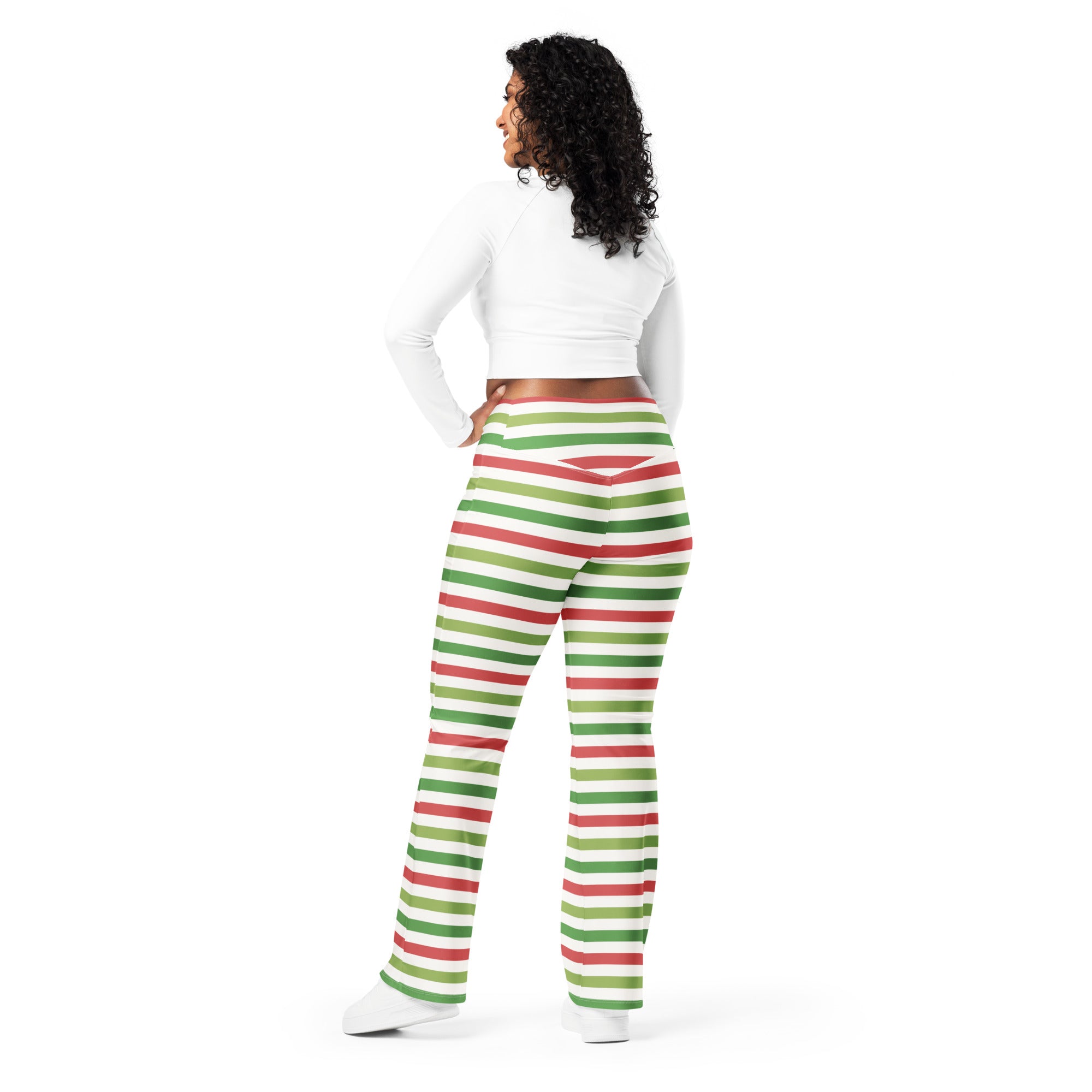 Women’s yellow high waist flare legging pants with red green and white striped yoga pant design and flattering fit