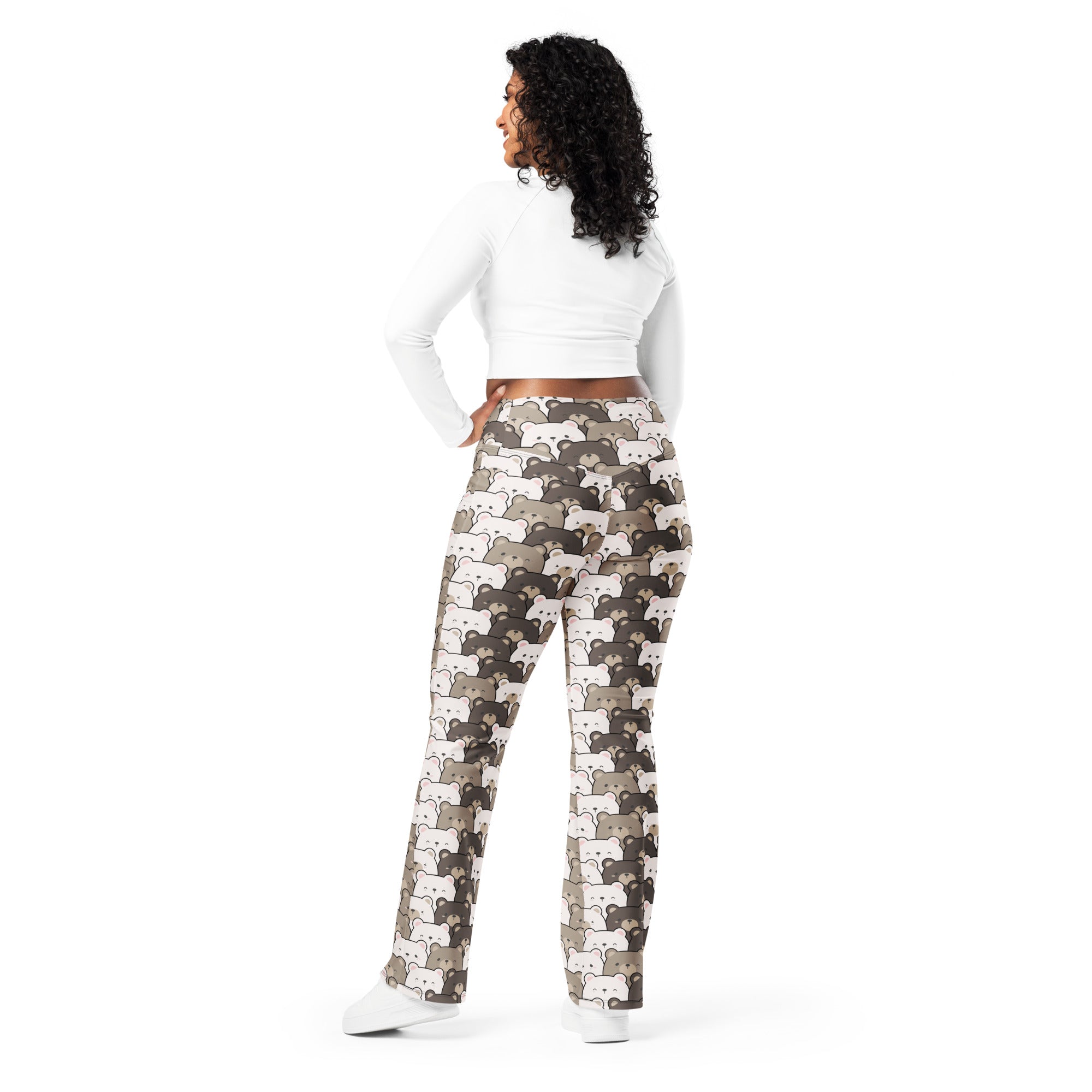 Women’s cute bear print high waist flare legging pants with playful cartoon bears in gray and white shades