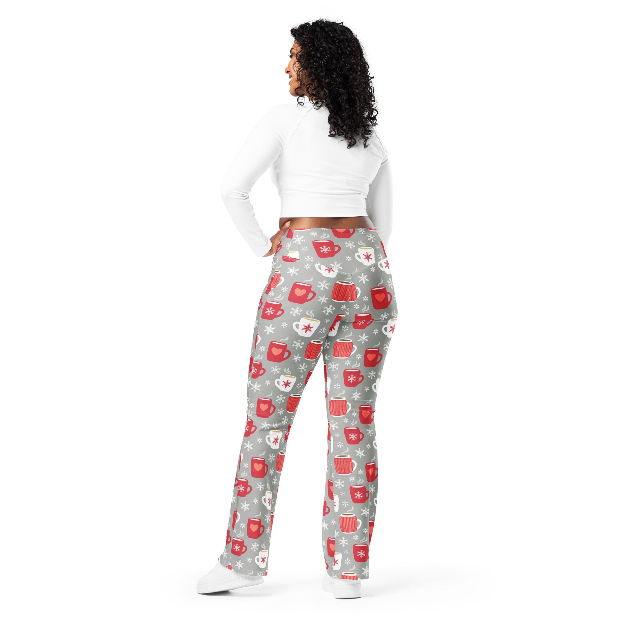Women’s hot cocoa christmas high waist flare pajama pants in gray with red and white mug snowflake festive pattern