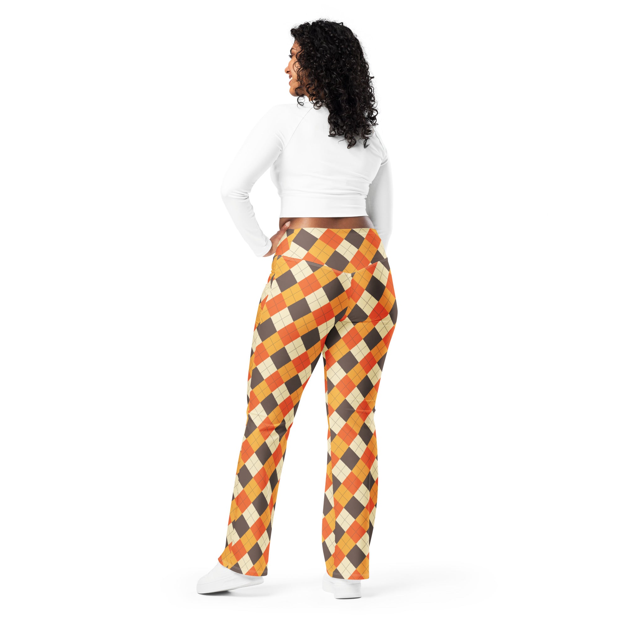 Women’s fall argyle high waist flare legging pants in bold orange brown and cream argyle pattern for plus size women