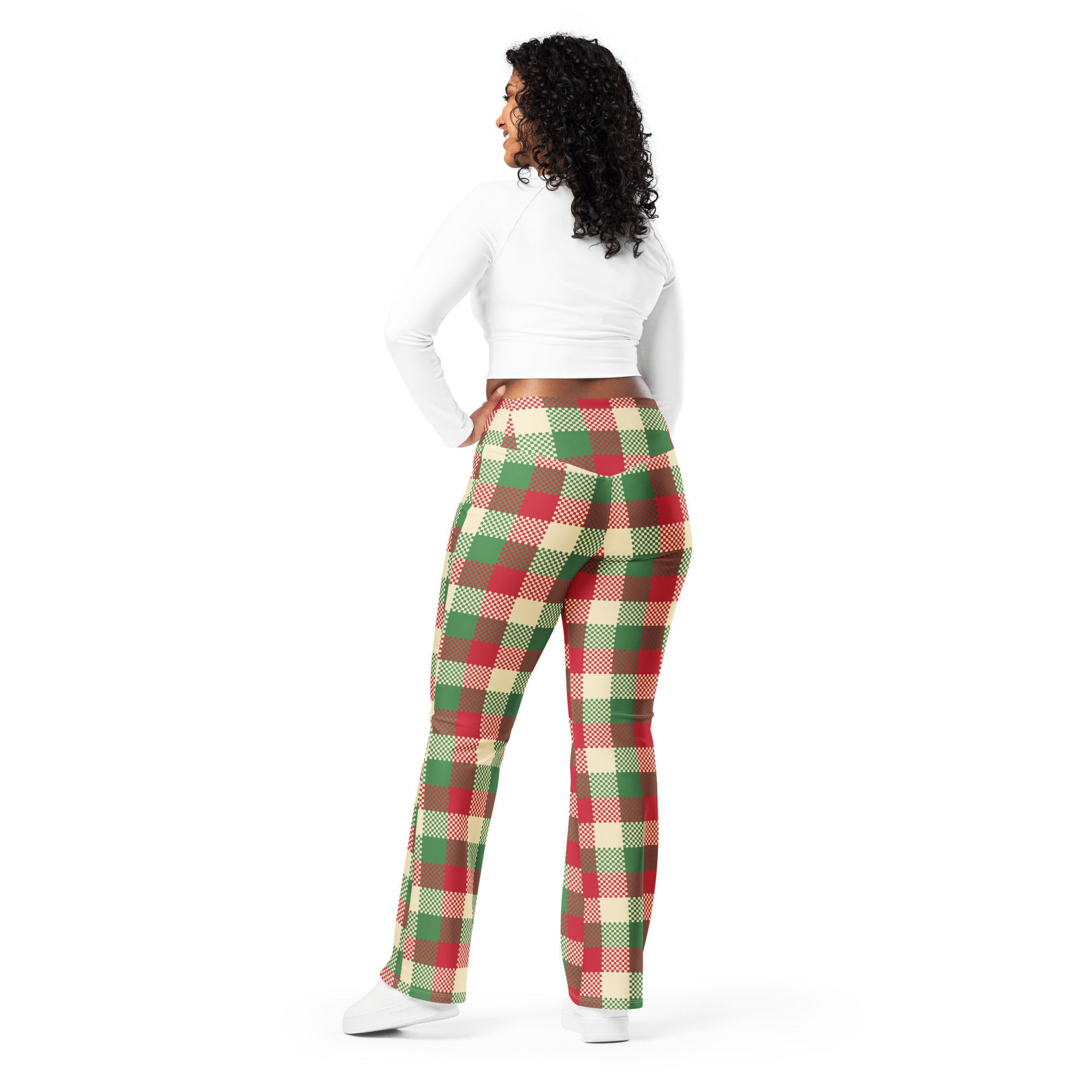 Women’s christmas plaid high waist flare legging pants in red green and cream with plus size flared design